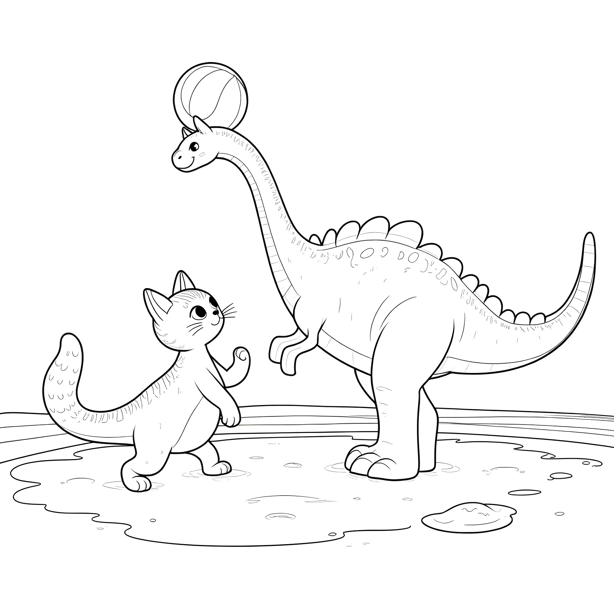 Kitty playing with friendly dinosaur in the park Coloring Page (free black-and-white line drawing printable PDF for all, from beginners to advanced learners, including children, teens, adults, and seniors)
