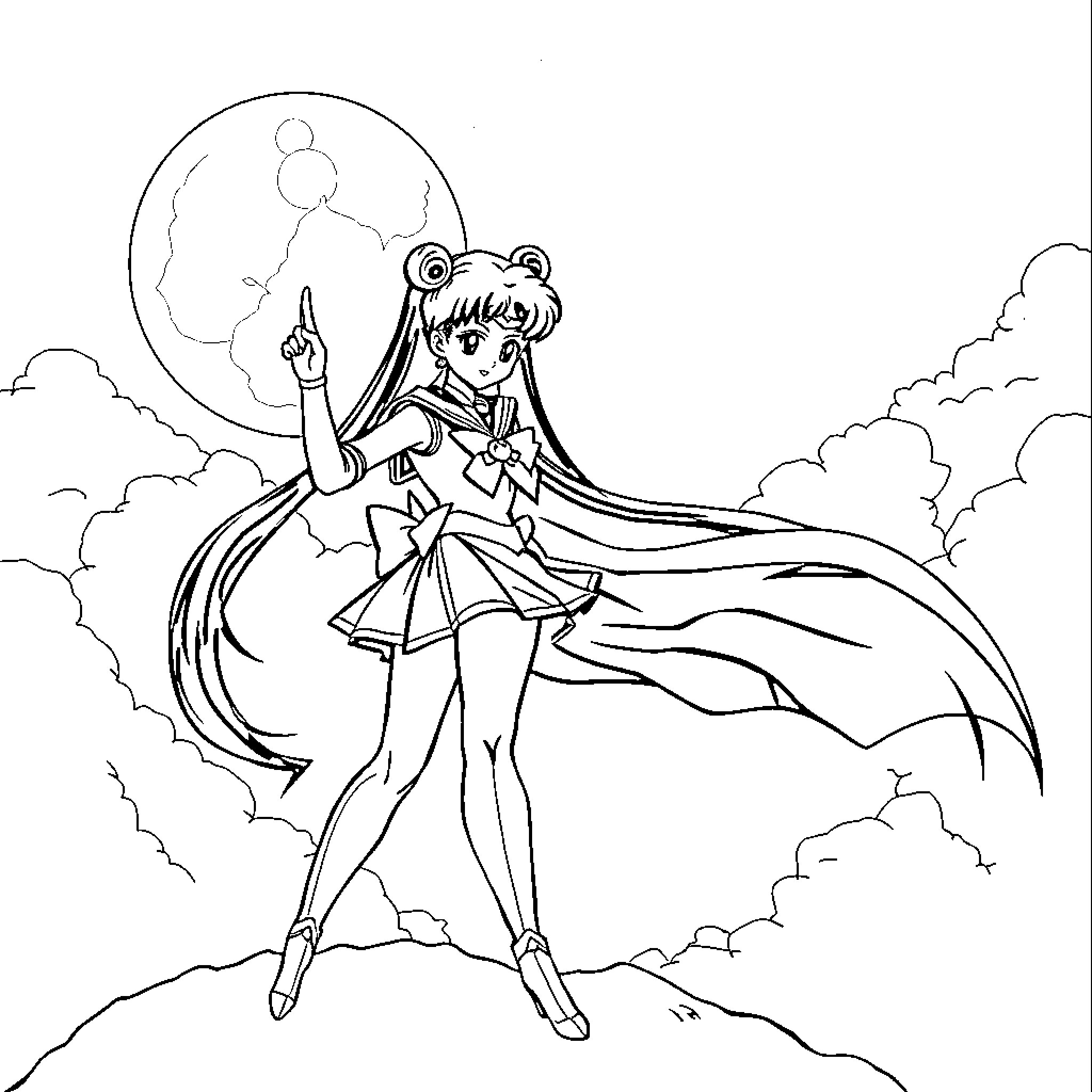 Sailor Moon Heroically Poses Against Celestial Backdrop Coloring Page (free black-and-white line drawing printable PDF for all, from beginners to advanced learners, including children, teens, adults, and seniors)