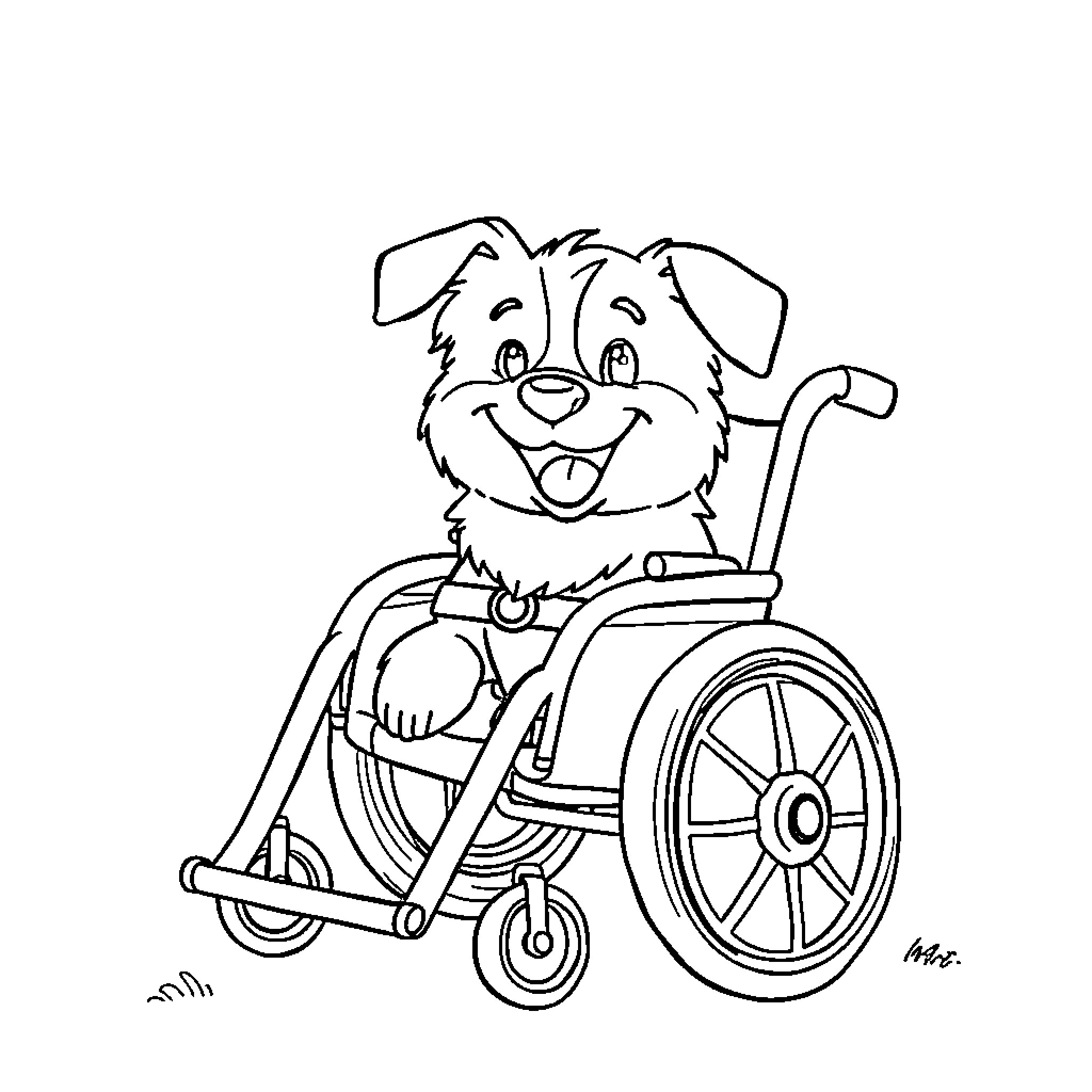 Dog in wheelchair enjoying life Coloring Page (free black-and-white line drawing printable PDF for all, from beginners to advanced learners, including children, teens, adults, and seniors)