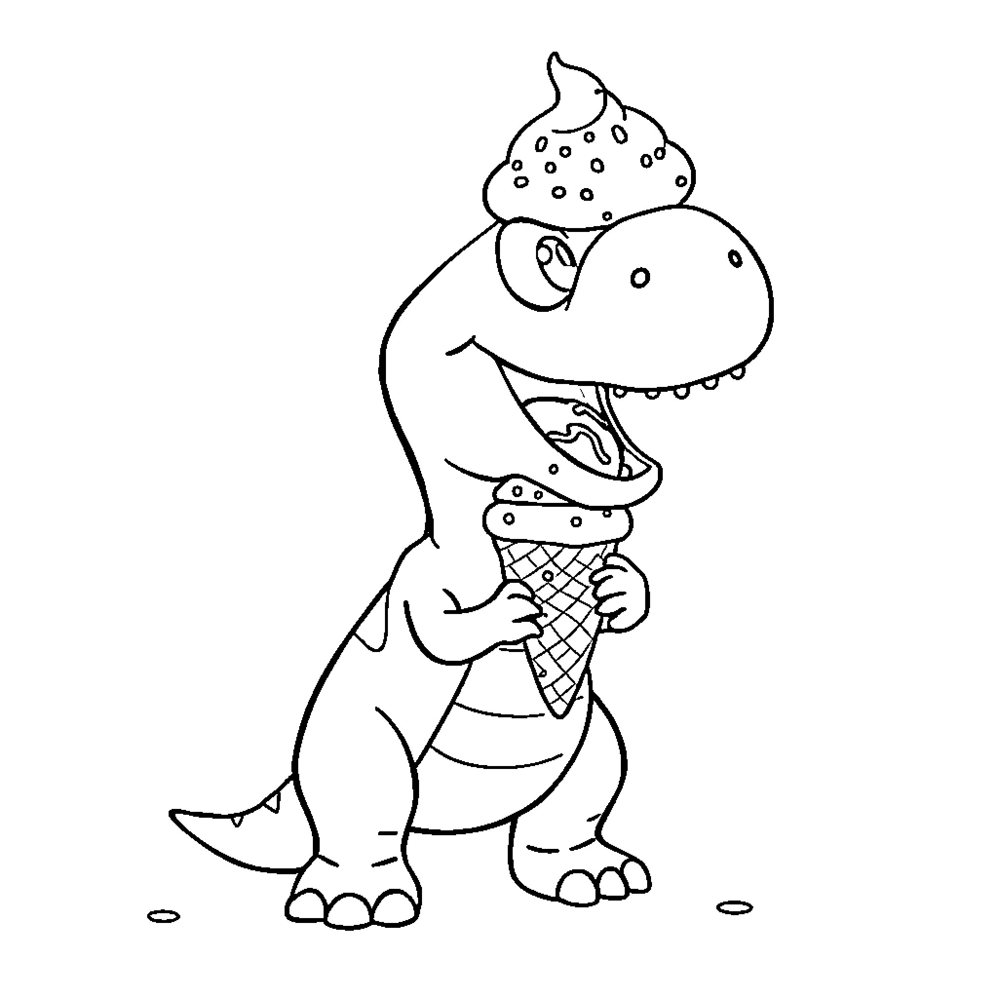 Dinosaur enjoying an ice cream cone Coloring Page (free black-and-white line drawing printable PDF for all, from beginners to advanced learners, including children, teens, adults, and seniors)