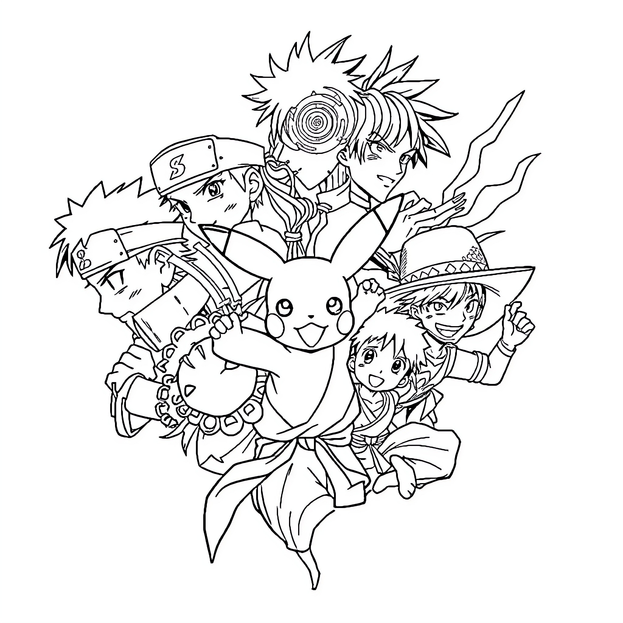 Anime Characters in Lively Adventure Coloring Page (free black-and-white line drawing printable PDF for all, from beginners to advanced learners, including children, teens, adults, and seniors)