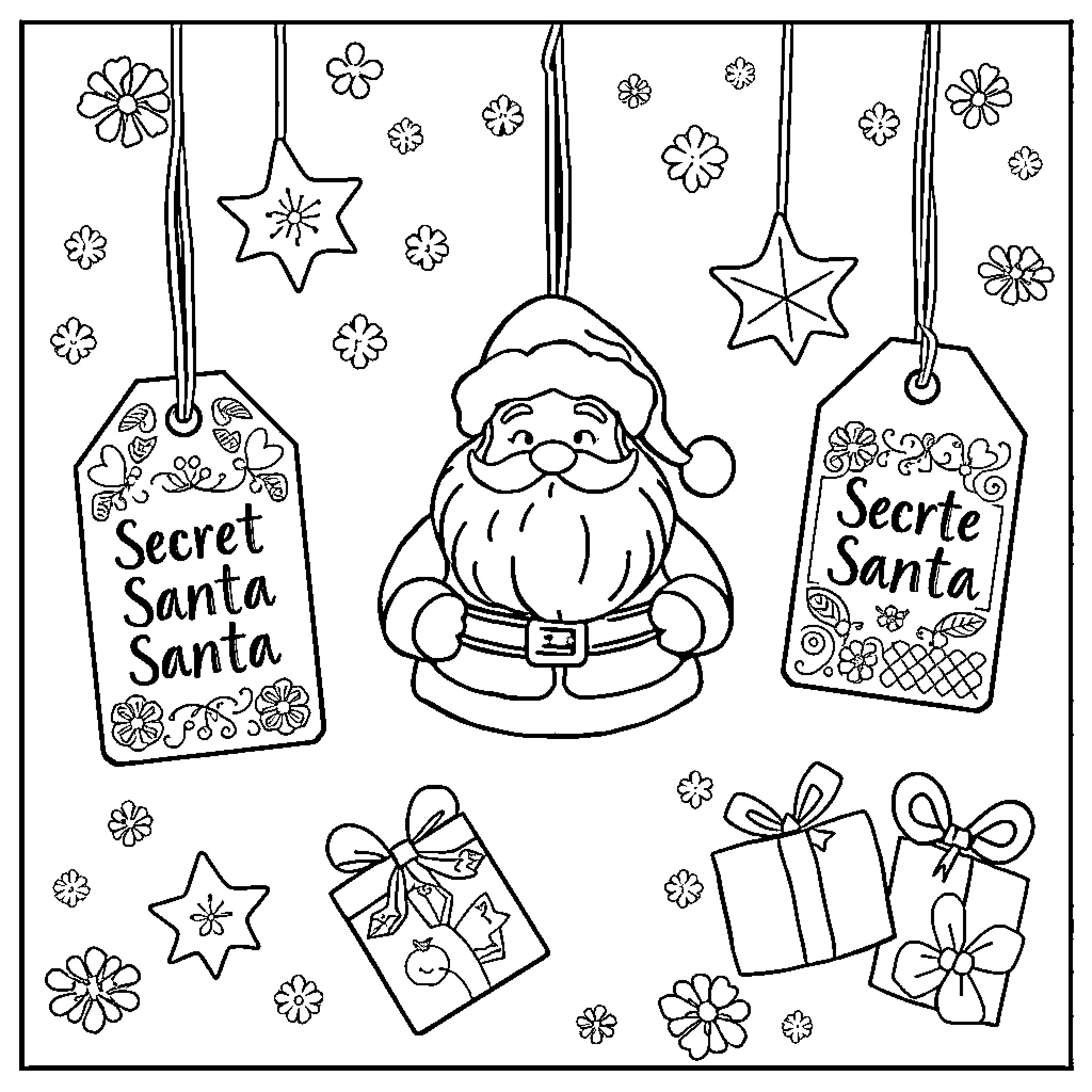 Gift Tag Design with Festive Santa and Ornaments Coloring Page (free black-and-white line drawing printable PDF for all, from beginners to advanced learners, including children, teens, adults, and seniors)