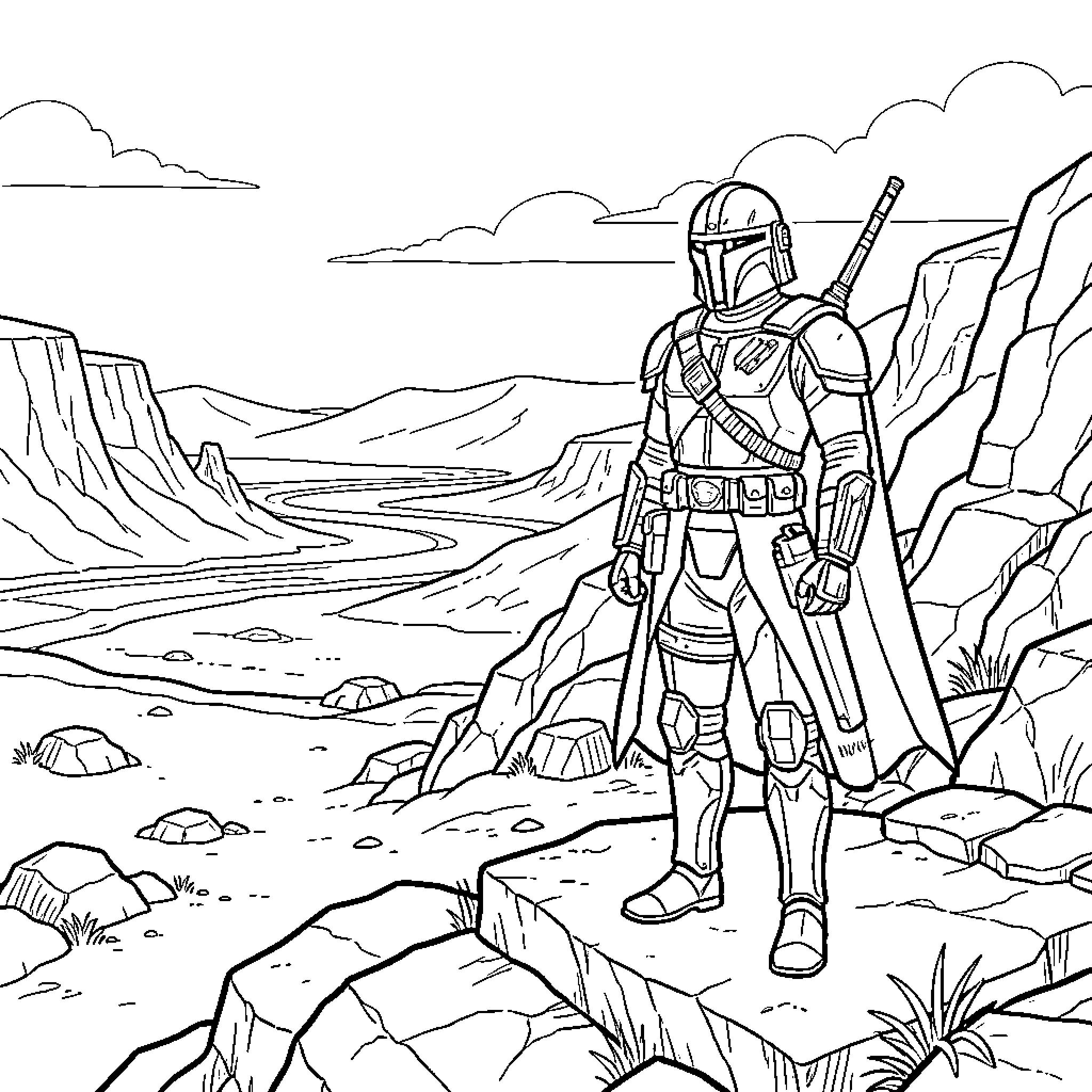 Mandalorian warrior in a rugged desert landscape Coloring Page (free black-and-white line drawing printable PDF for all, from beginners to advanced learners, including children, teens, adults, and seniors)