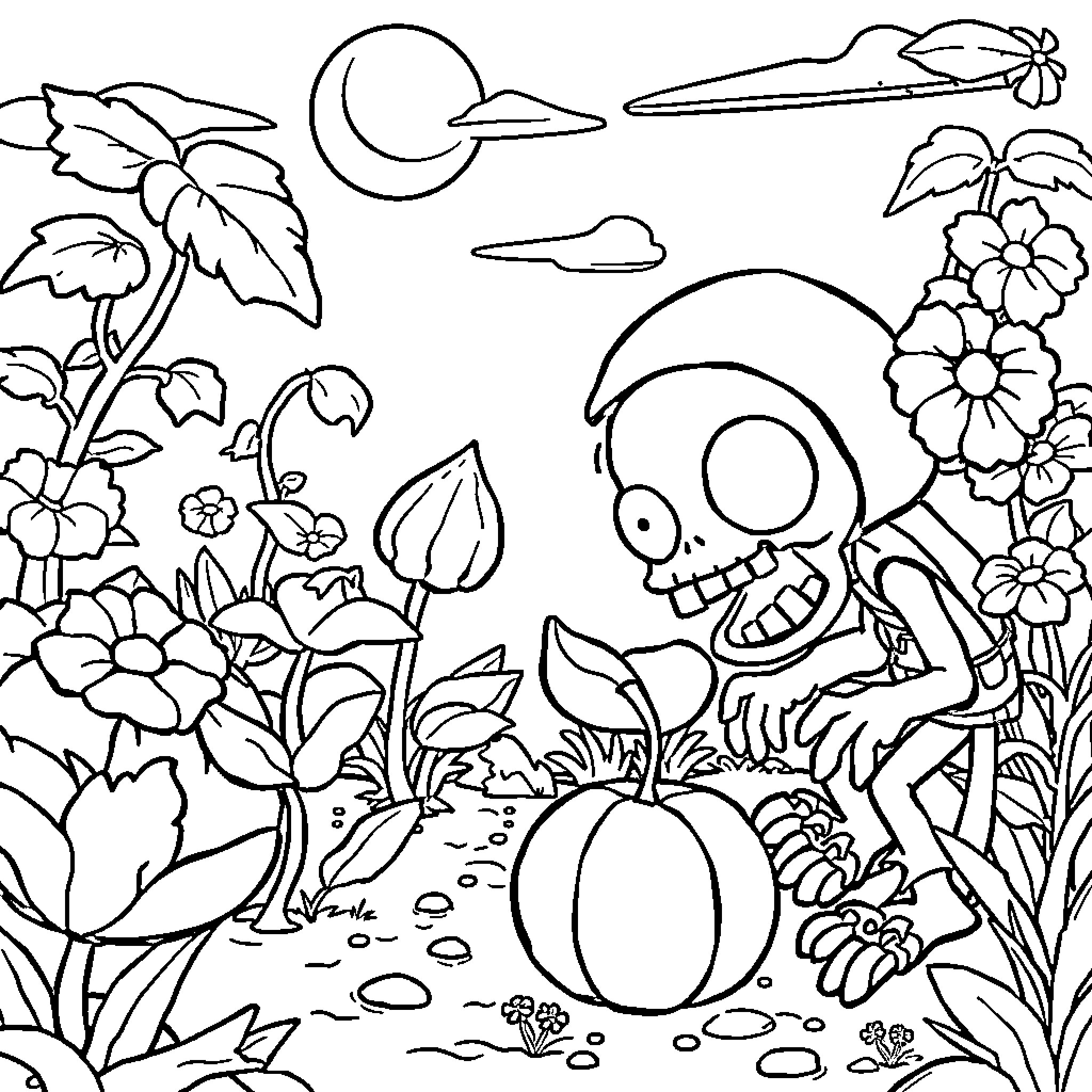Plants vs. Zombies: Peaceful Garden Encounter Coloring Page (free black-and-white line drawing printable PDF for all, from beginners to advanced learners, including children, teens, adults, and seniors)