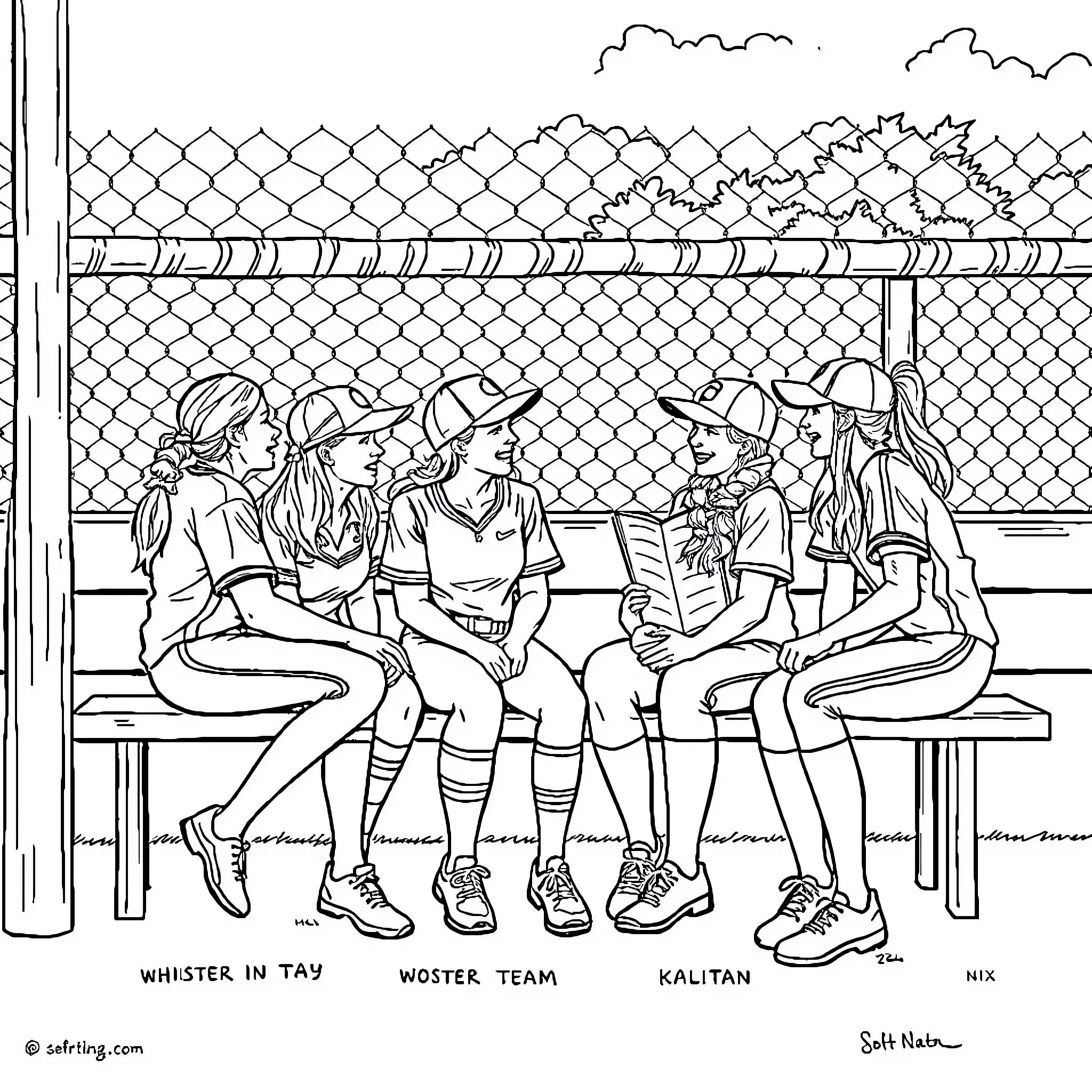 Softball team bonding on the bench Coloring Page (free black-and-white line drawing printable PDF for all, from beginners to advanced learners, including children, teens, adults, and seniors)