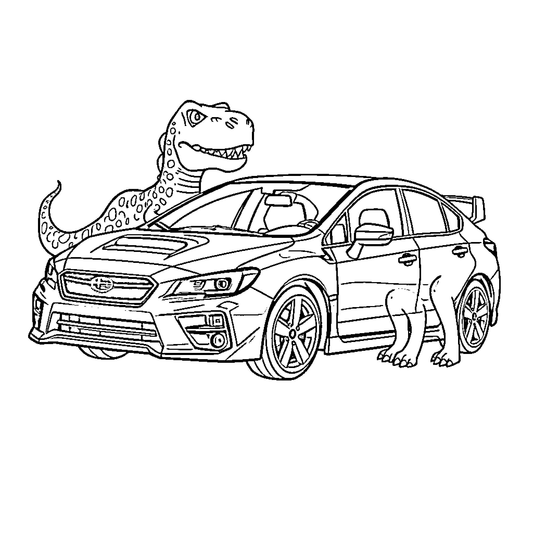 Subaru Impreza with Friendly Dinosaur Companion Coloring Page (free black-and-white line drawing printable PDF for all, from beginners to advanced learners, including children, teens, adults, and seniors)