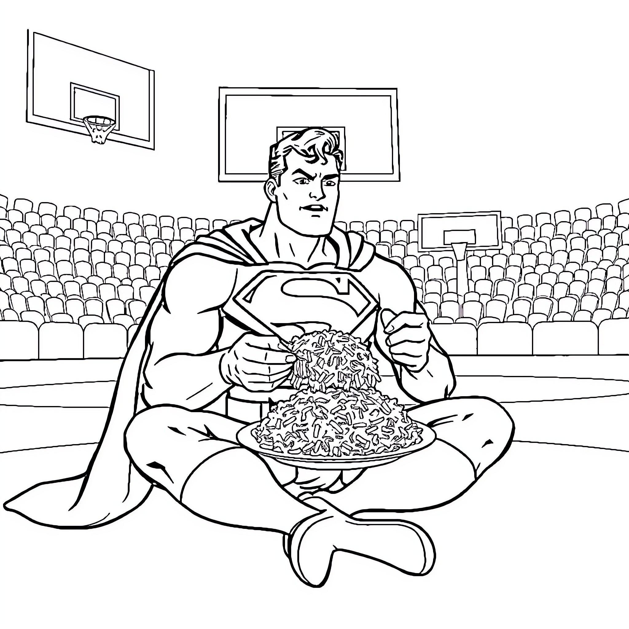 Superman eating a large plate of food in a basketball court Coloring Page (free black-and-white line drawing printable PDF for all, from beginners to advanced learners, including children, teens, adults, and seniors)