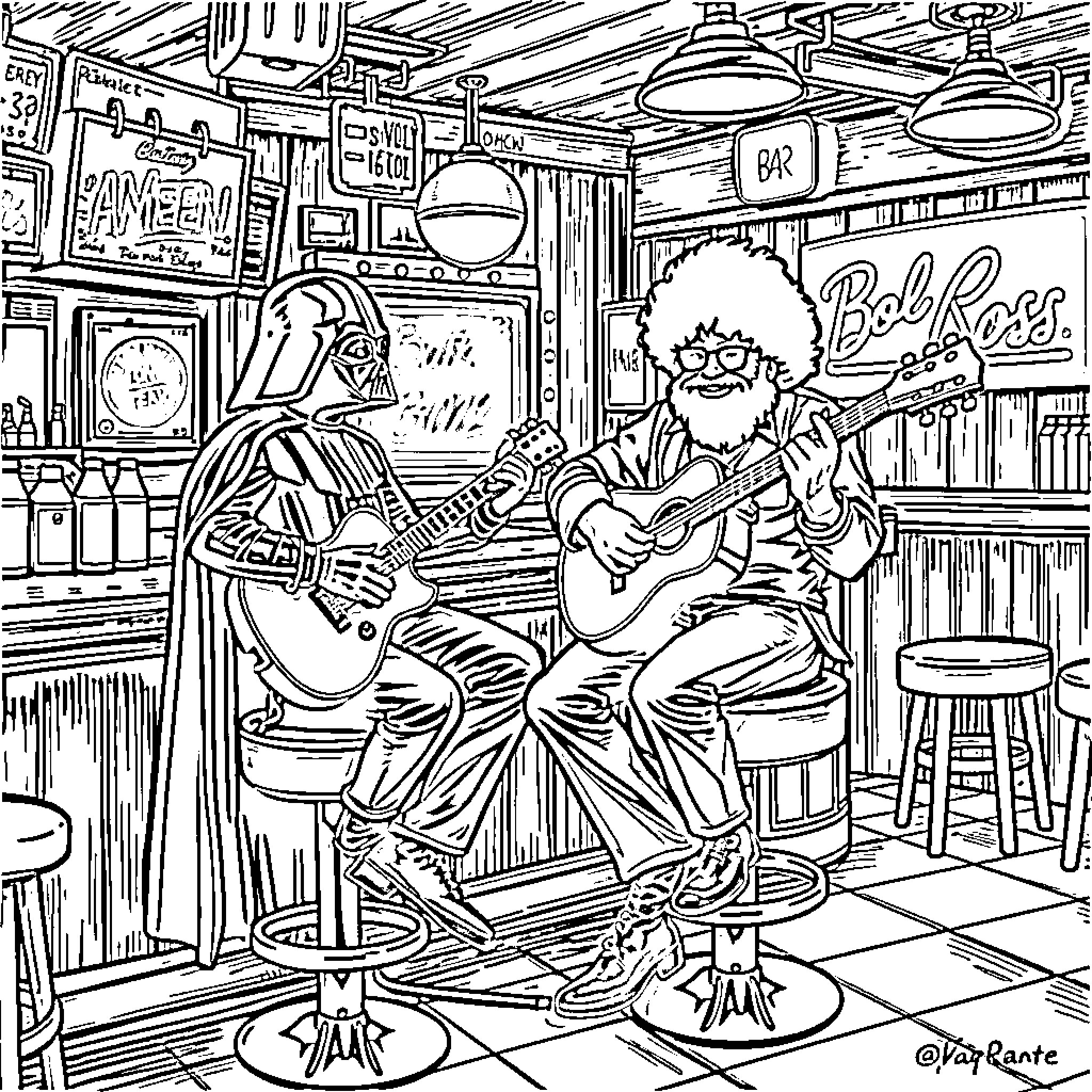 Darth Vader Rocks Out with Bob Ross in a Retro Bar Coloring Page (free black-and-white line drawing printable PDF for all, from beginners to advanced learners, including children, teens, adults, and seniors)