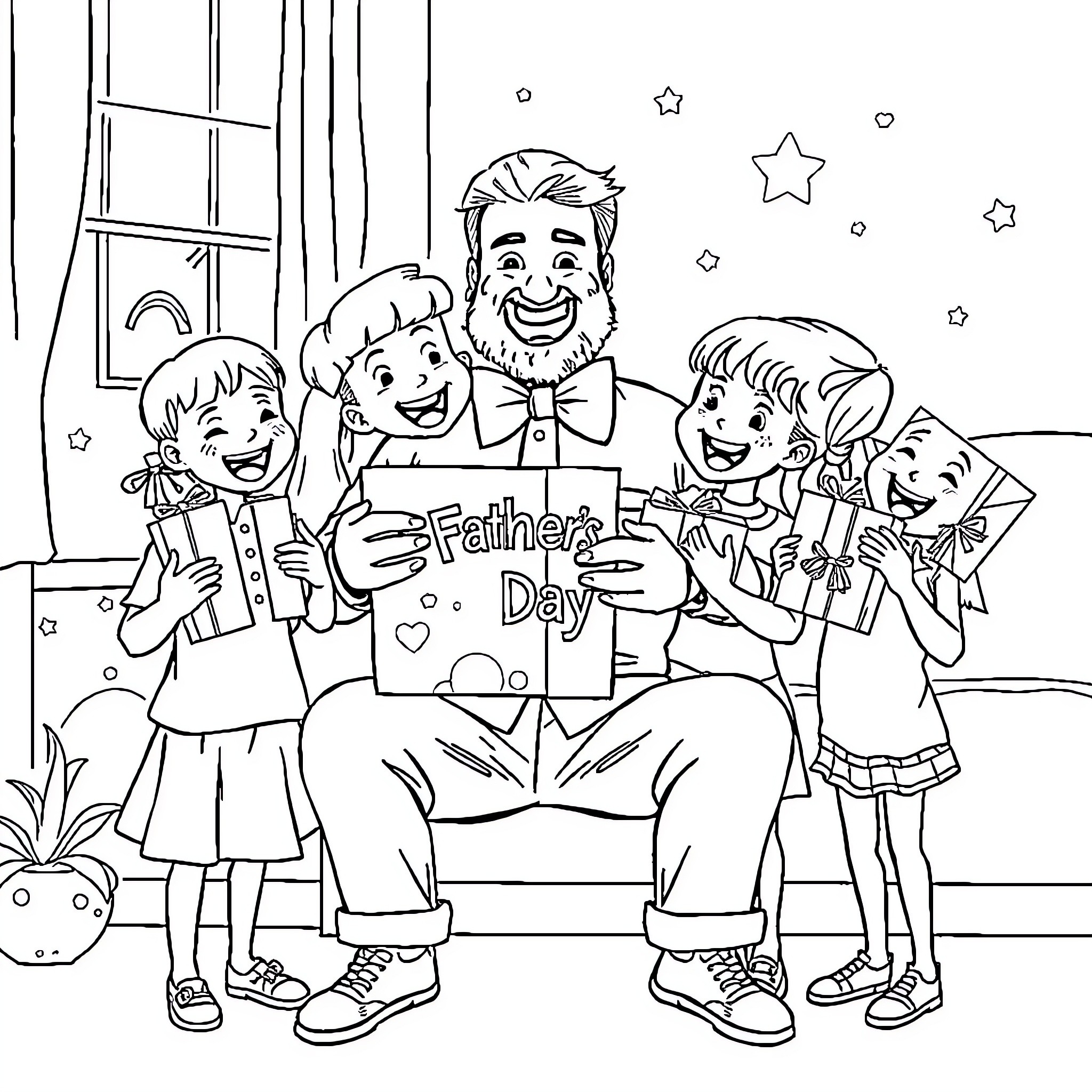 Kid's Family Celebrating Father's Day Coloring Page (free black-and-white line drawing printable PDF for all, from beginners to advanced learners, including children, teens, adults, and seniors)