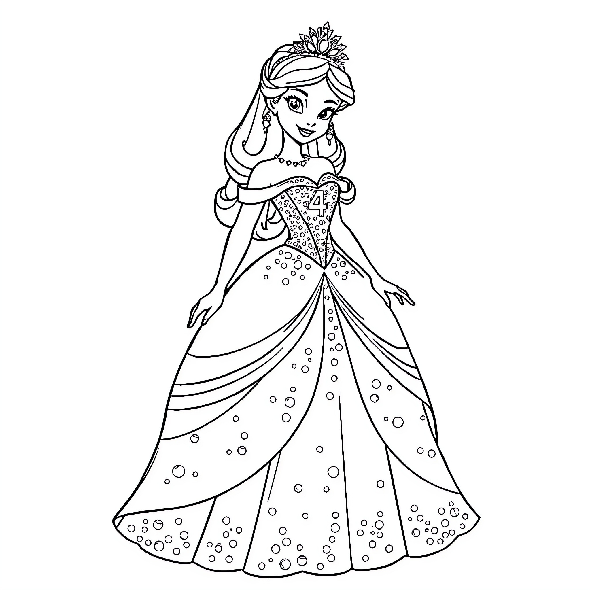 Princess in Elegant Gown with Tiara Coloring Page (free black-and-white line drawing printable PDF for all, from beginners to advanced learners, including children, teens, adults, and seniors)