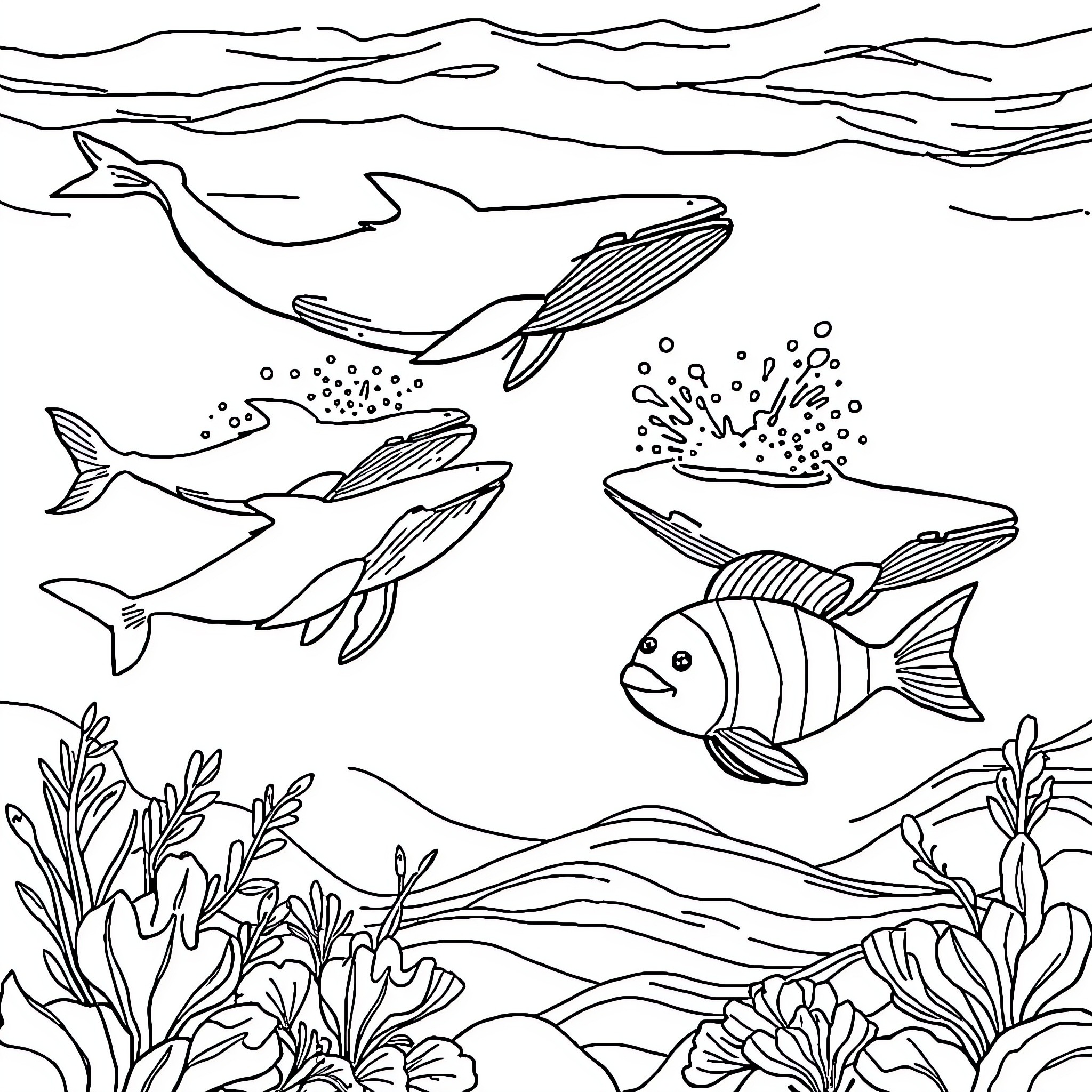 Willow's Underwater Adventure with Vibrant Sea Creatures Coloring Page (free black-and-white line drawing printable PDF for all, from beginners to advanced learners, including children, teens, adults, and seniors)