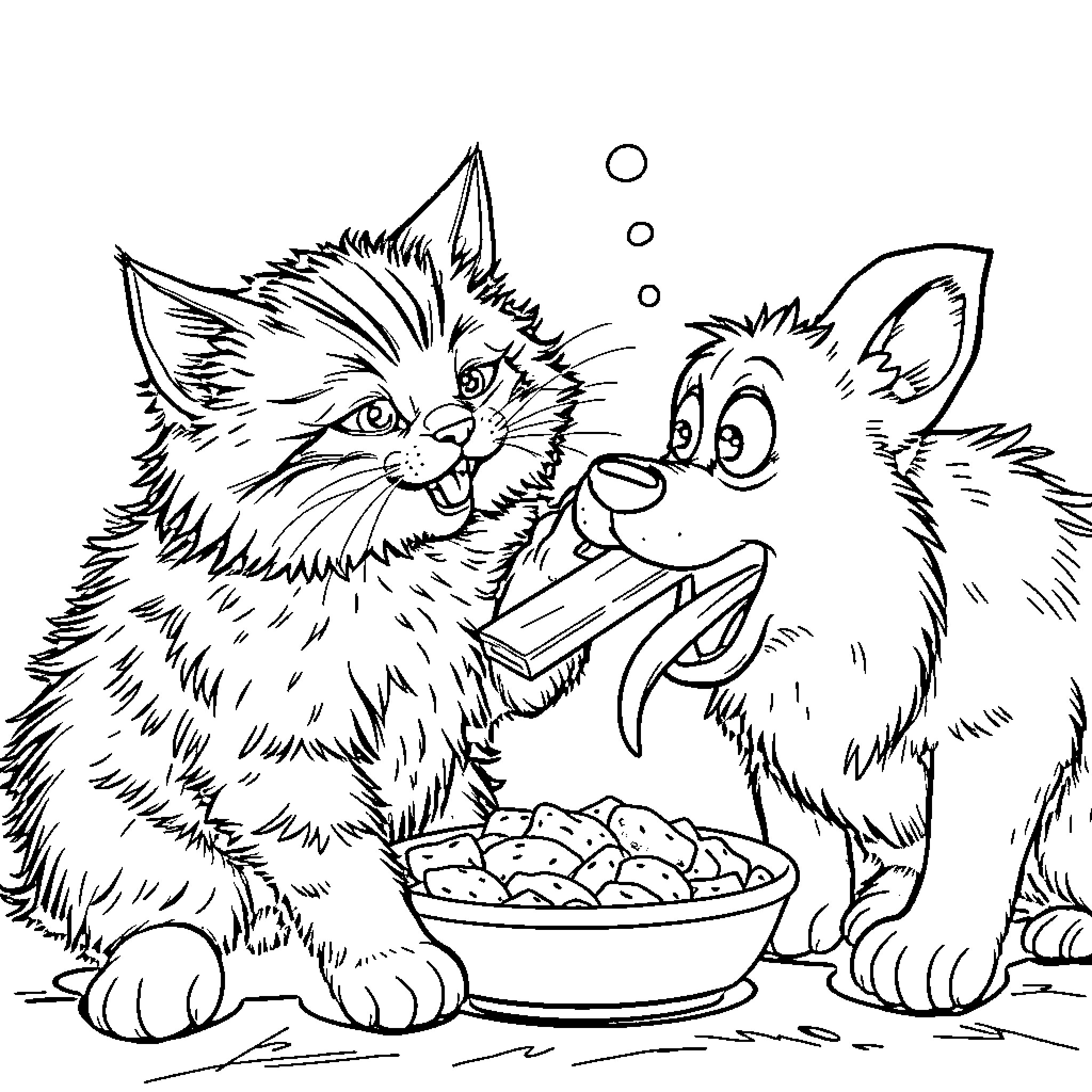 Cats Playing with Treats in the Room Coloring Page (free black-and-white line drawing printable PDF for all, from beginners to advanced learners, including children, teens, adults, and seniors)