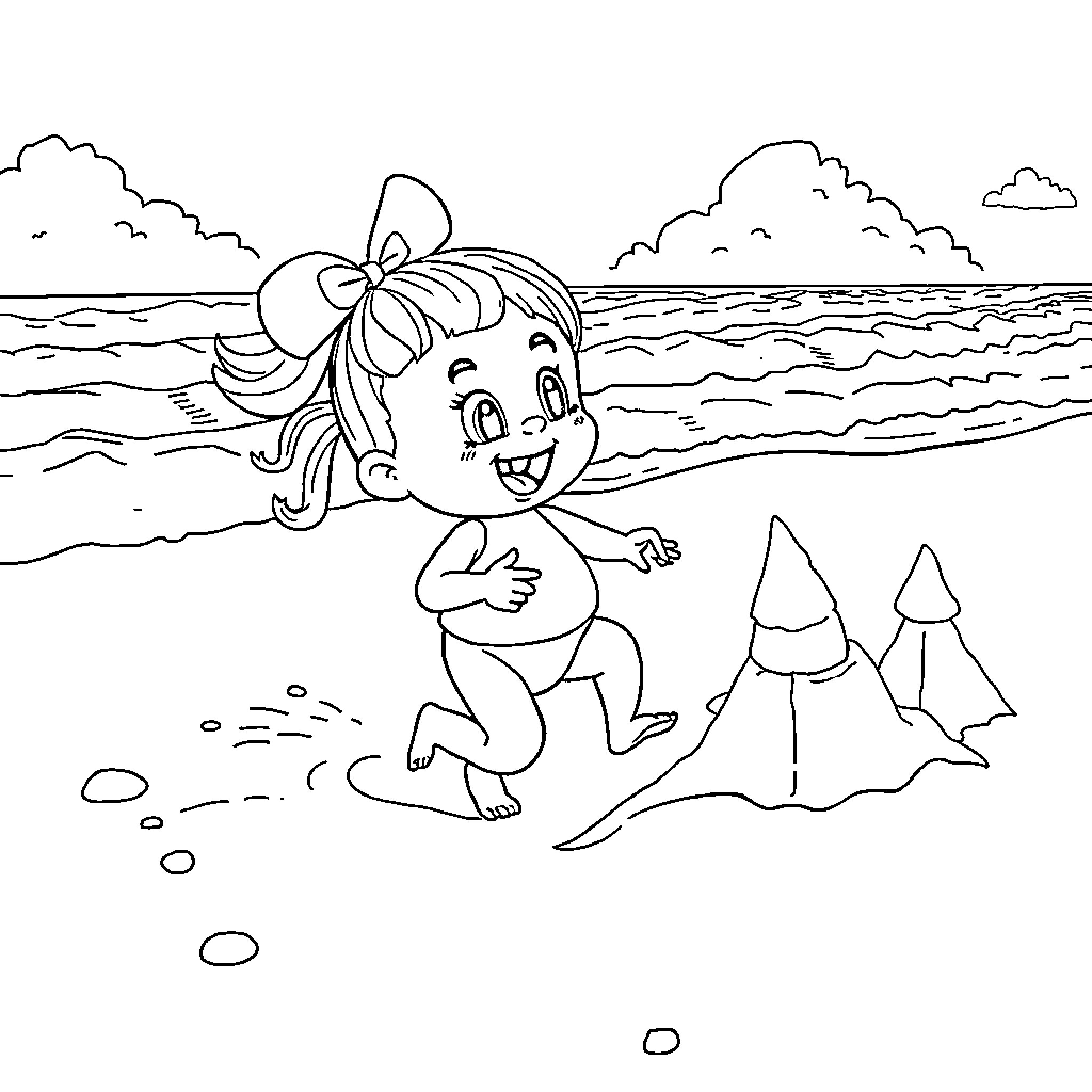 Bubu enjoying a day at the beach Coloring Page (free black-and-white line drawing printable PDF for all, from beginners to advanced learners, including children, teens, adults, and seniors)