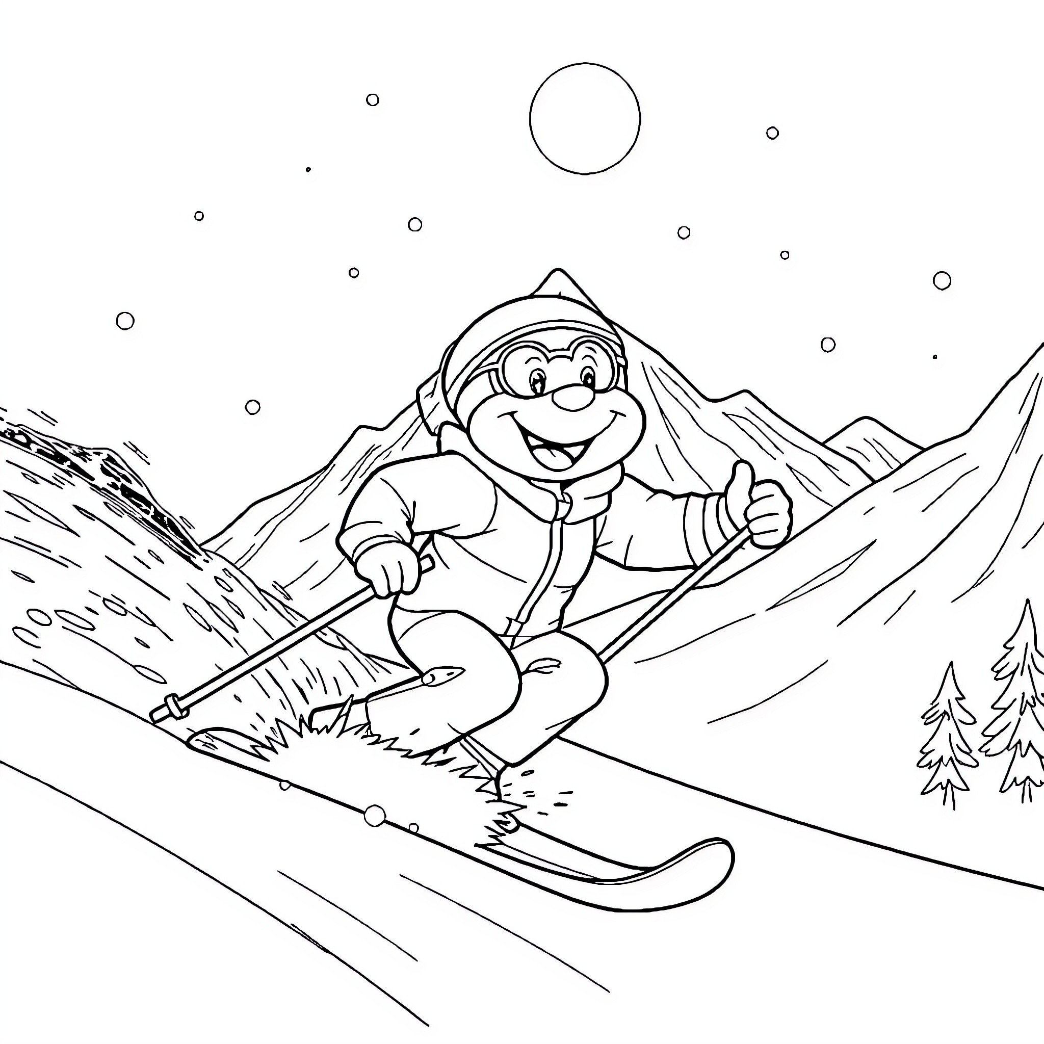 Tigrou skiing happily on the slopes Coloring Page (free black-and-white line drawing printable PDF for all, from beginners to advanced learners, including children, teens, adults, and seniors)