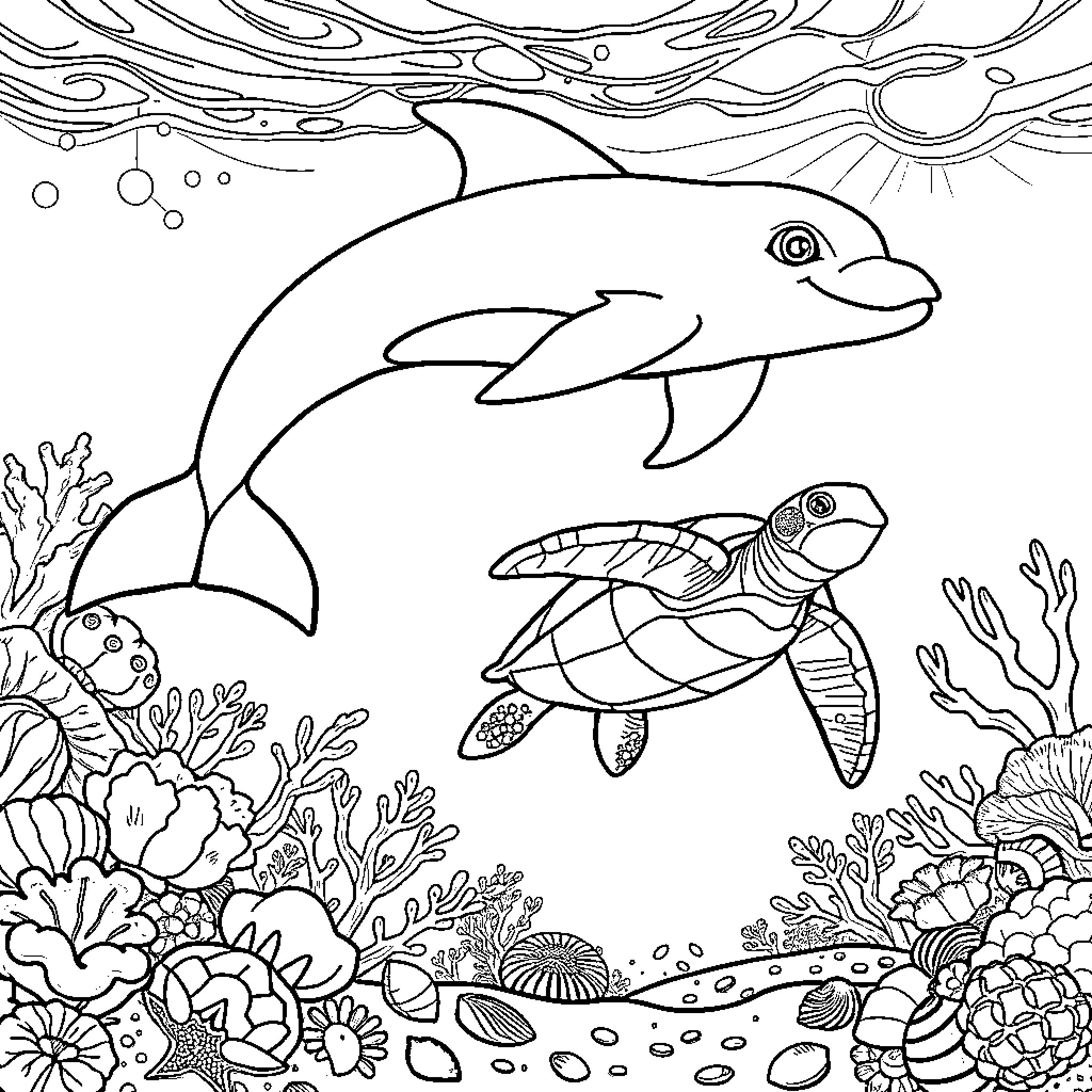 Dolphin Swimming Among Marine Life Coloring Page (free black-and-white line drawing printable PDF for all, from beginners to advanced learners, including children, teens, adults, and seniors)