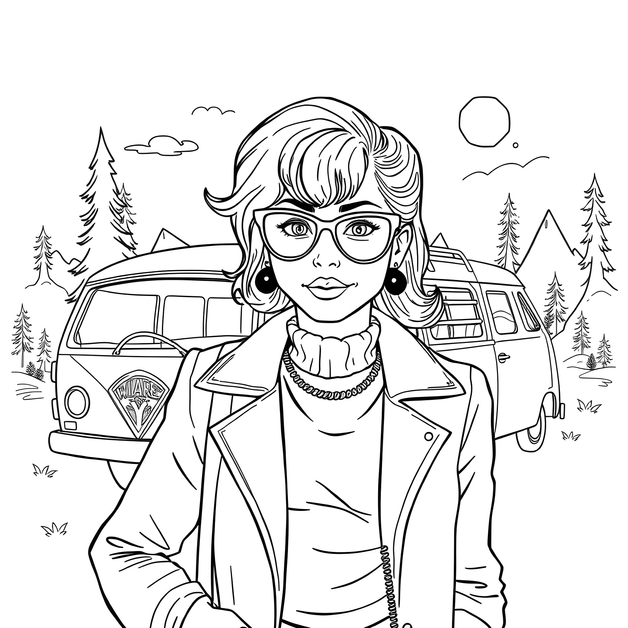 Thelma's Adventurous Road Trip Coloring Page (free black-and-white line drawing printable PDF for all, from beginners to advanced learners, including children, teens, adults, and seniors)