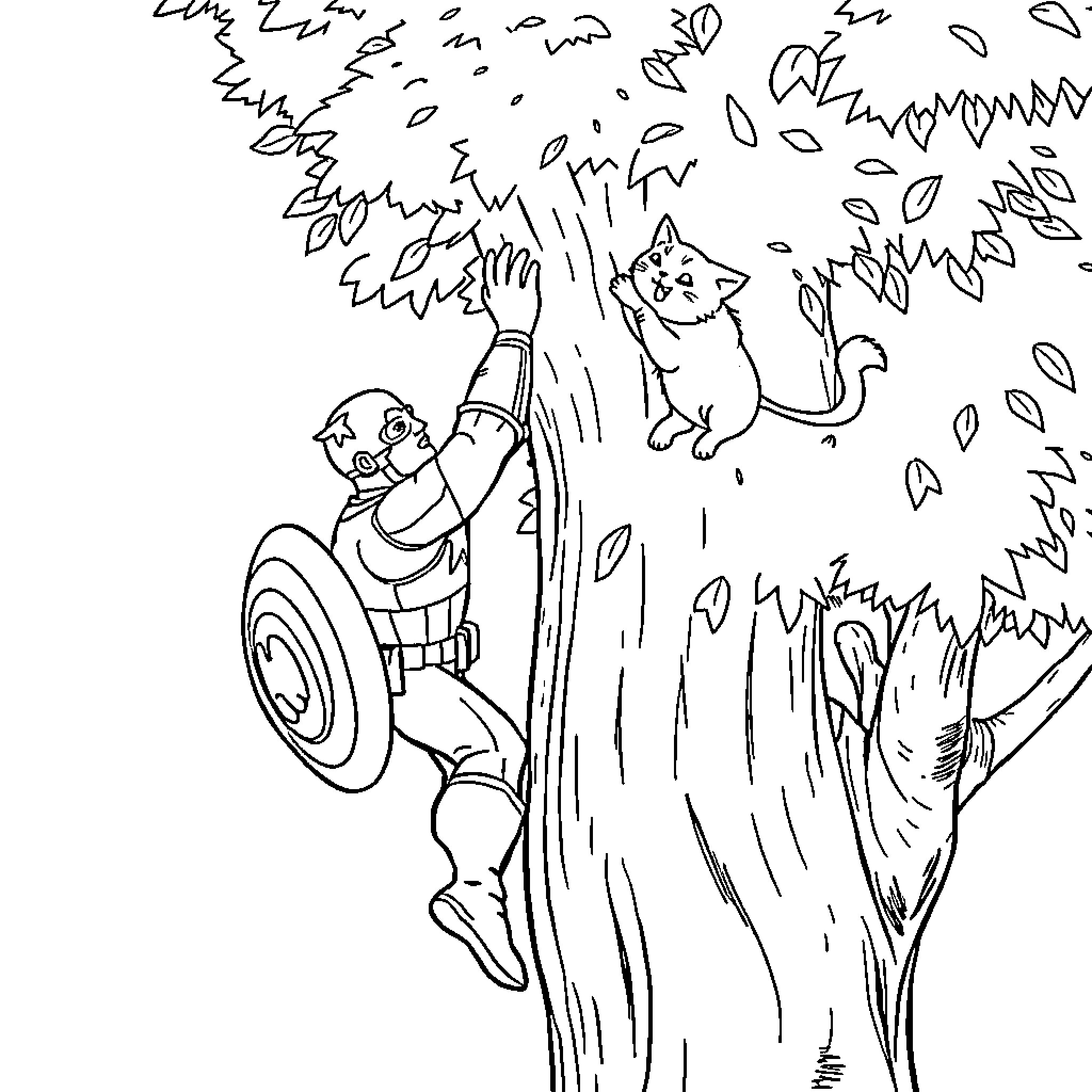 Captain America Climbs Tree With Playful Cat Coloring Page (free black-and-white line drawing printable PDF for all, from beginners to advanced learners, including children, teens, adults, and seniors)