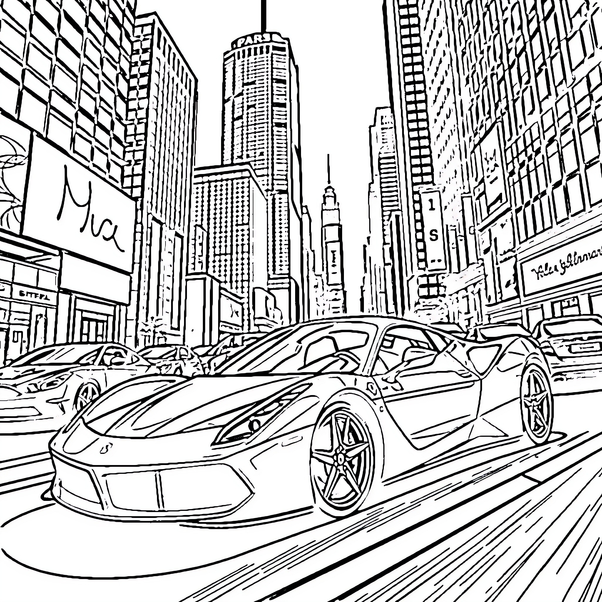 Ferrari sports car speeding through busy city streets Coloring Page (free black-and-white line drawing printable PDF for all, from beginners to advanced learners, including children, teens, adults, and seniors)