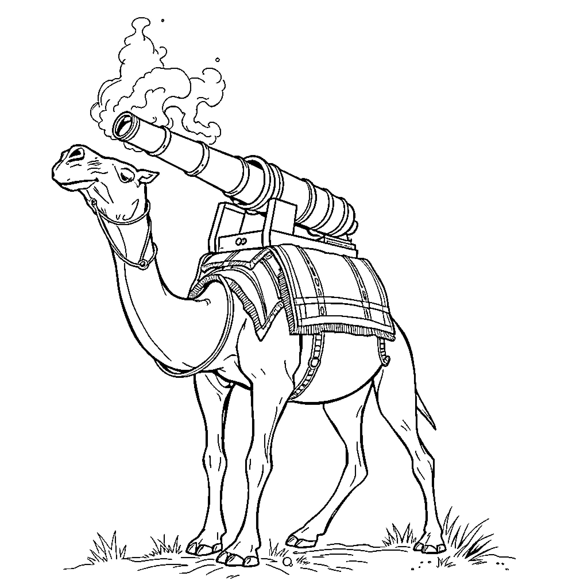Cannon-powered Camel Caravan Travels Through Desert Coloring Page (free black-and-white line drawing printable PDF for all, from beginners to advanced learners, including children, teens, adults, and seniors)