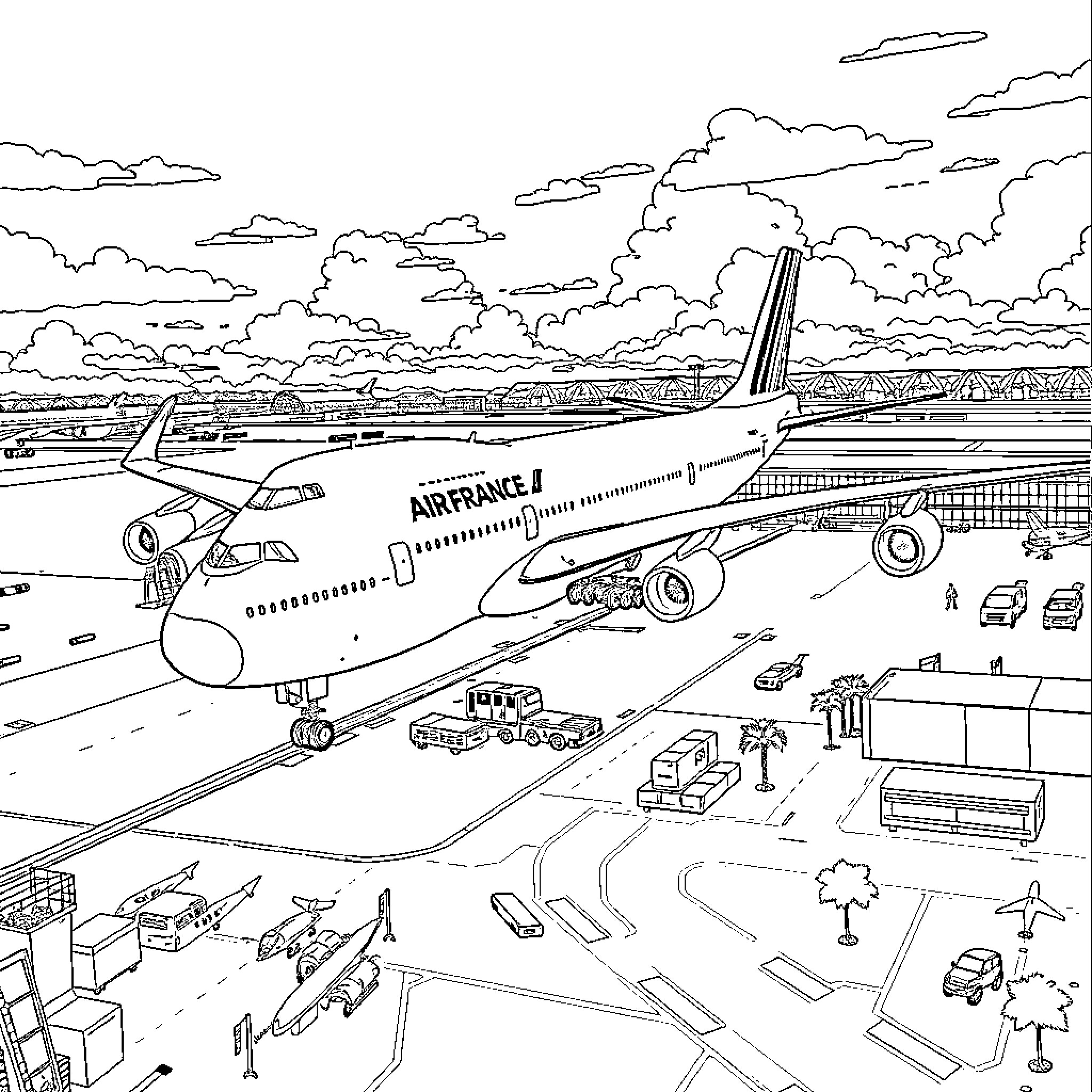 Boeing passenger aircraft at the airport Coloring Page (free black-and-white line drawing printable PDF for all, from beginners to advanced learners, including children, teens, adults, and seniors)