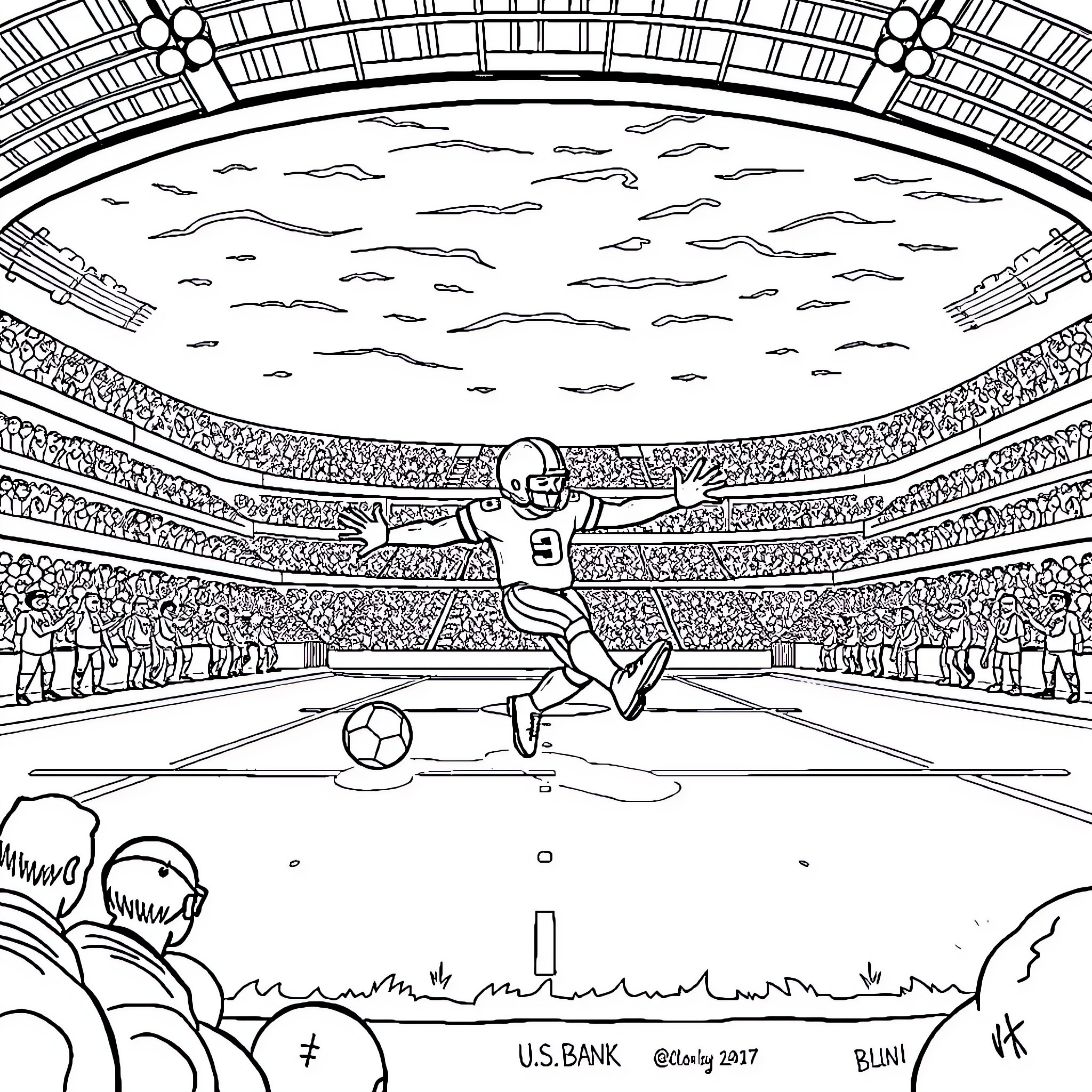 Bluey playing soccer in a big stadium Coloring Page (free black-and-white line drawing printable PDF for all, from beginners to advanced learners, including children, teens, adults, and seniors)