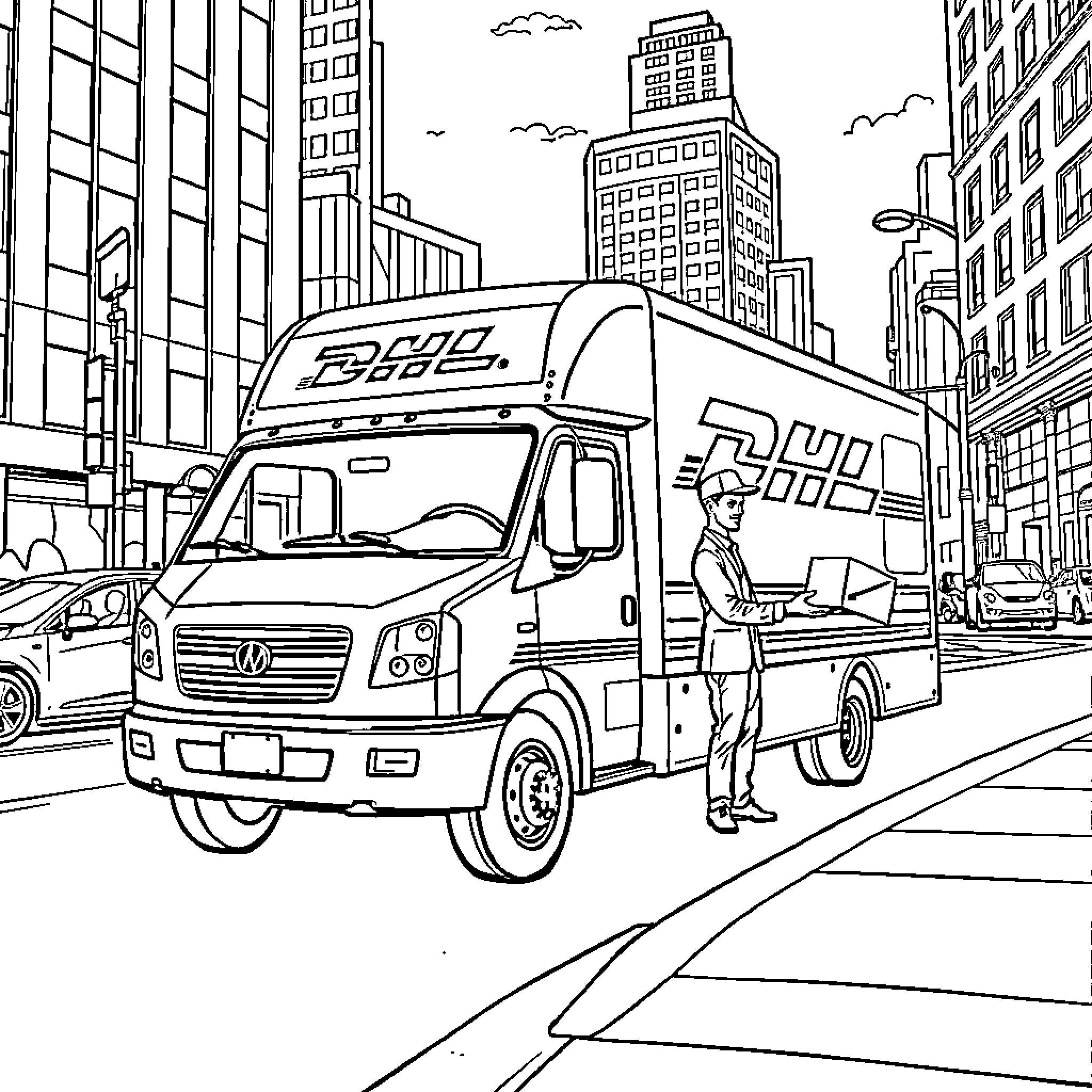 Delivery Truck in Busy Urban City Scene Coloring Page (free black-and-white line drawing printable PDF for all, from beginners to advanced learners, including children, teens, adults, and seniors)