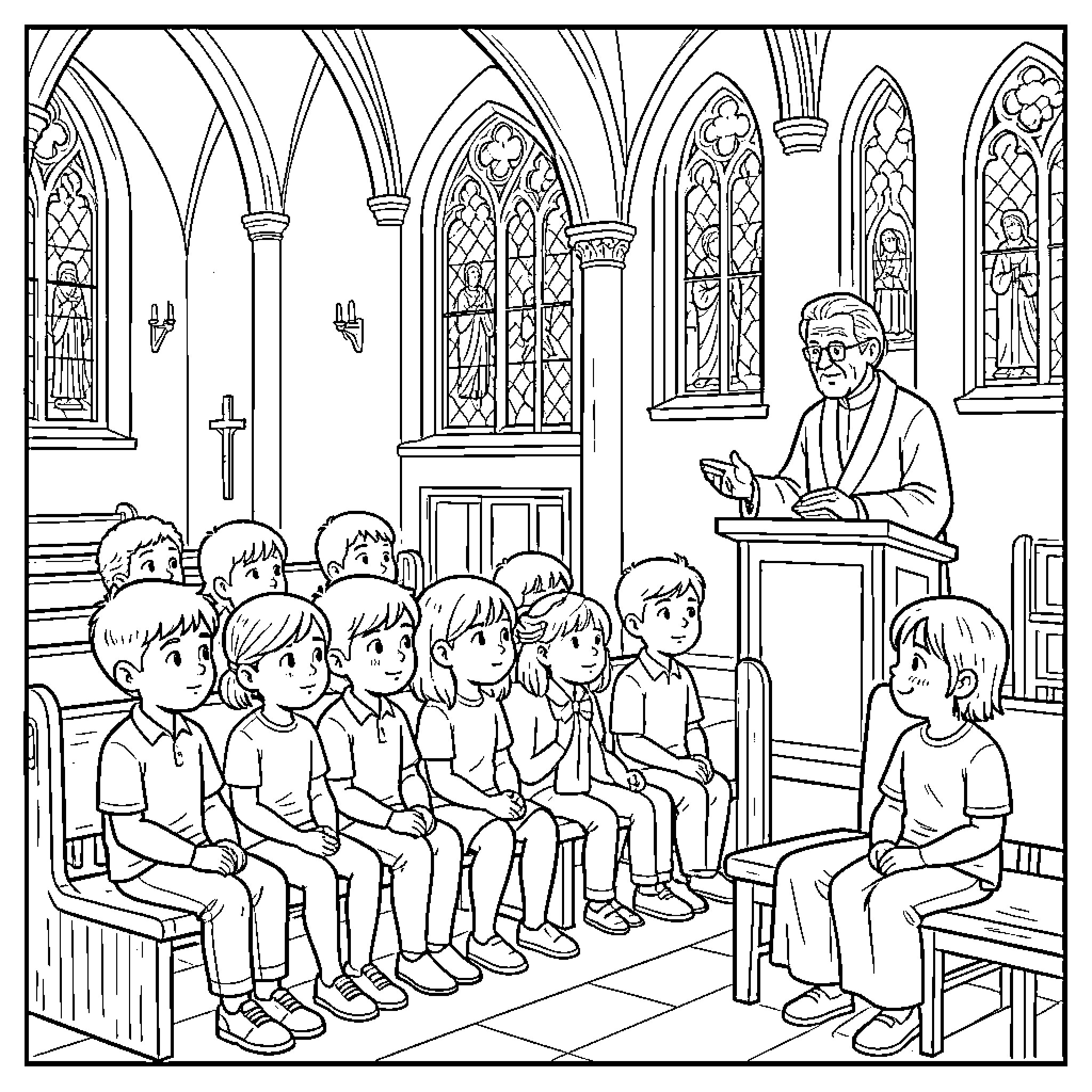 Kid listening to minister in church Coloring Page (free black-and-white line drawing printable PDF for all, from beginners to advanced learners, including children, teens, adults, and seniors)