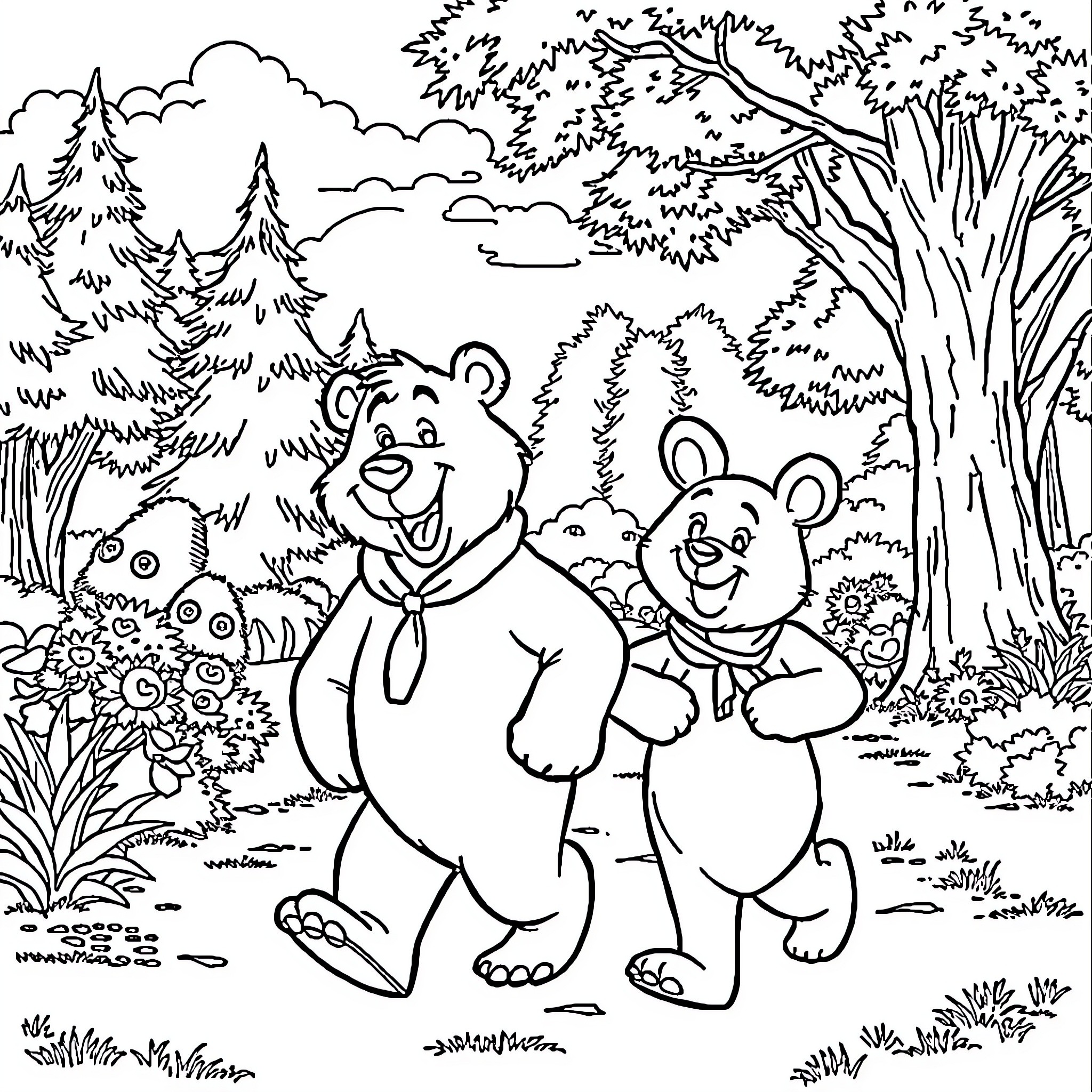 Yogi Bears Frolicking in the Forest Coloring Page (free black-and-white line drawing printable PDF for all, from beginners to advanced learners, including children, teens, adults, and seniors)