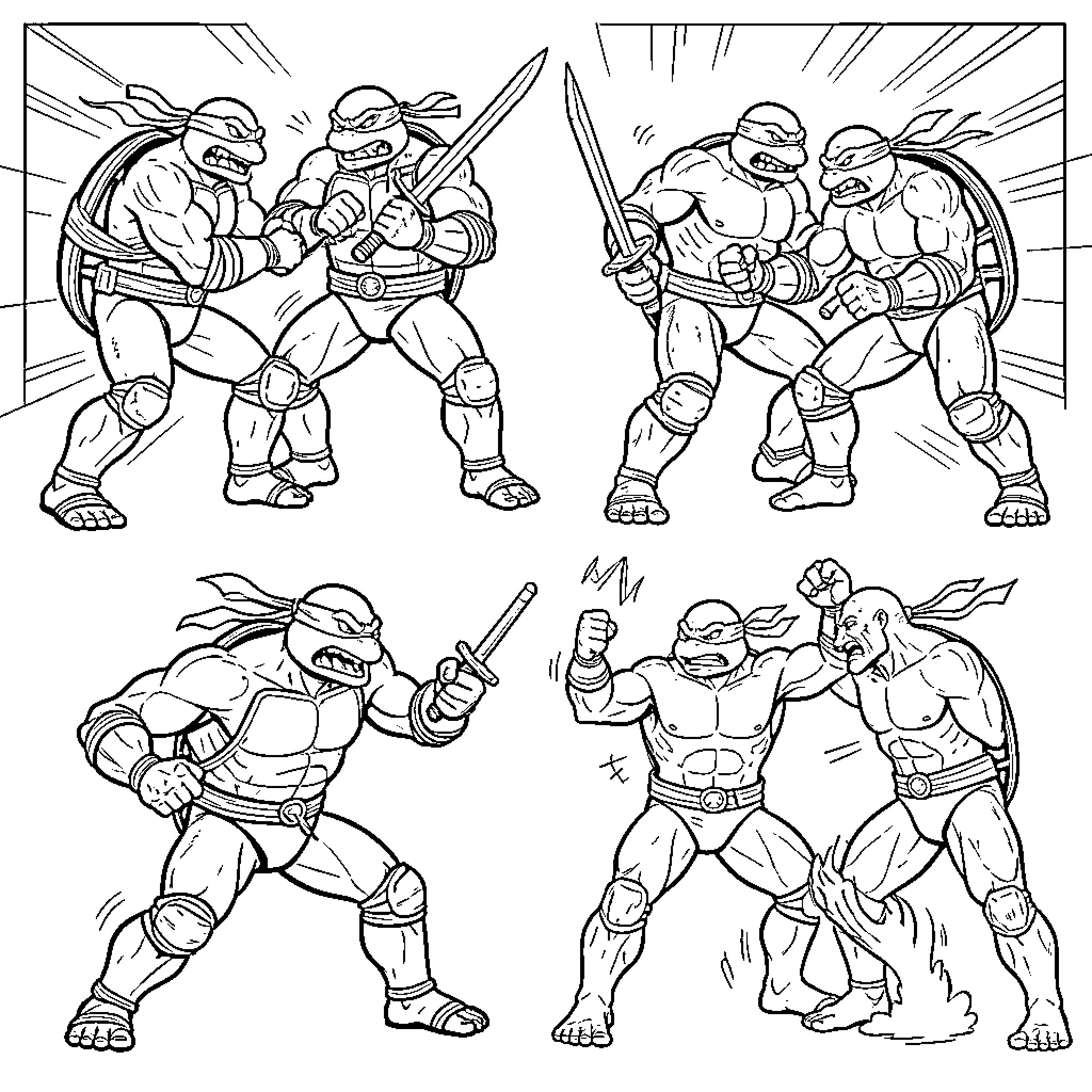 Ninja Turtles in Action-Packed Combat Scenes Coloring Page (free black-and-white line drawing printable PDF for all, from beginners to advanced learners, including children, teens, adults, and seniors)