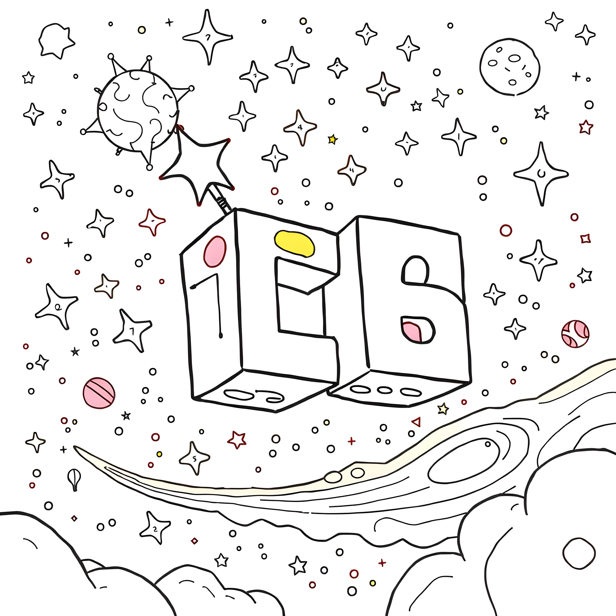 Number Block Floating in Whimsical Cosmic Scene Coloring Page (free black-and-white line drawing printable PDF for all, from beginners to advanced learners, including children, teens, adults, and seniors)
