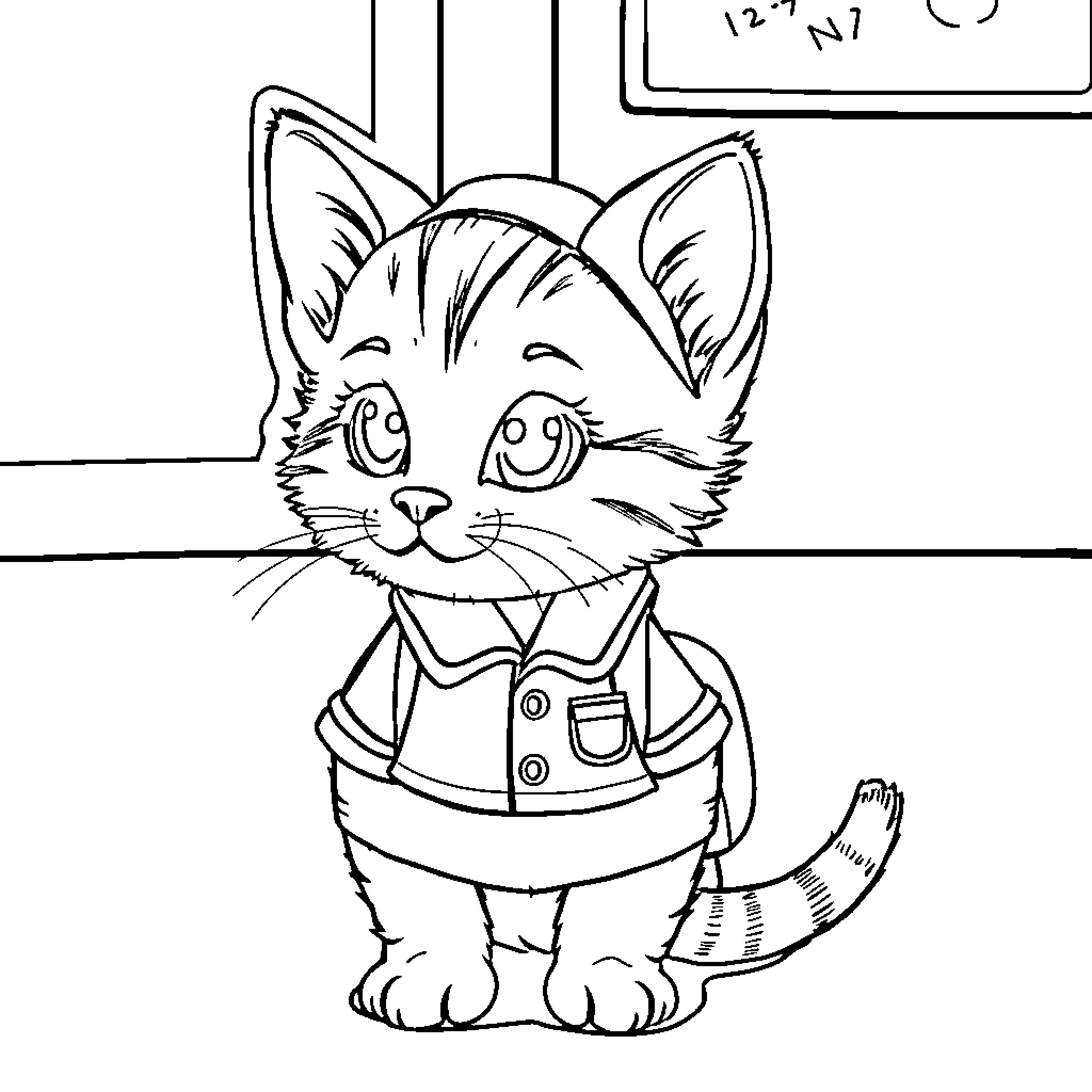 Kitten dressed in a small suit Coloring Page (free black-and-white line drawing printable PDF for all, from beginners to advanced learners, including children, teens, adults, and seniors)
