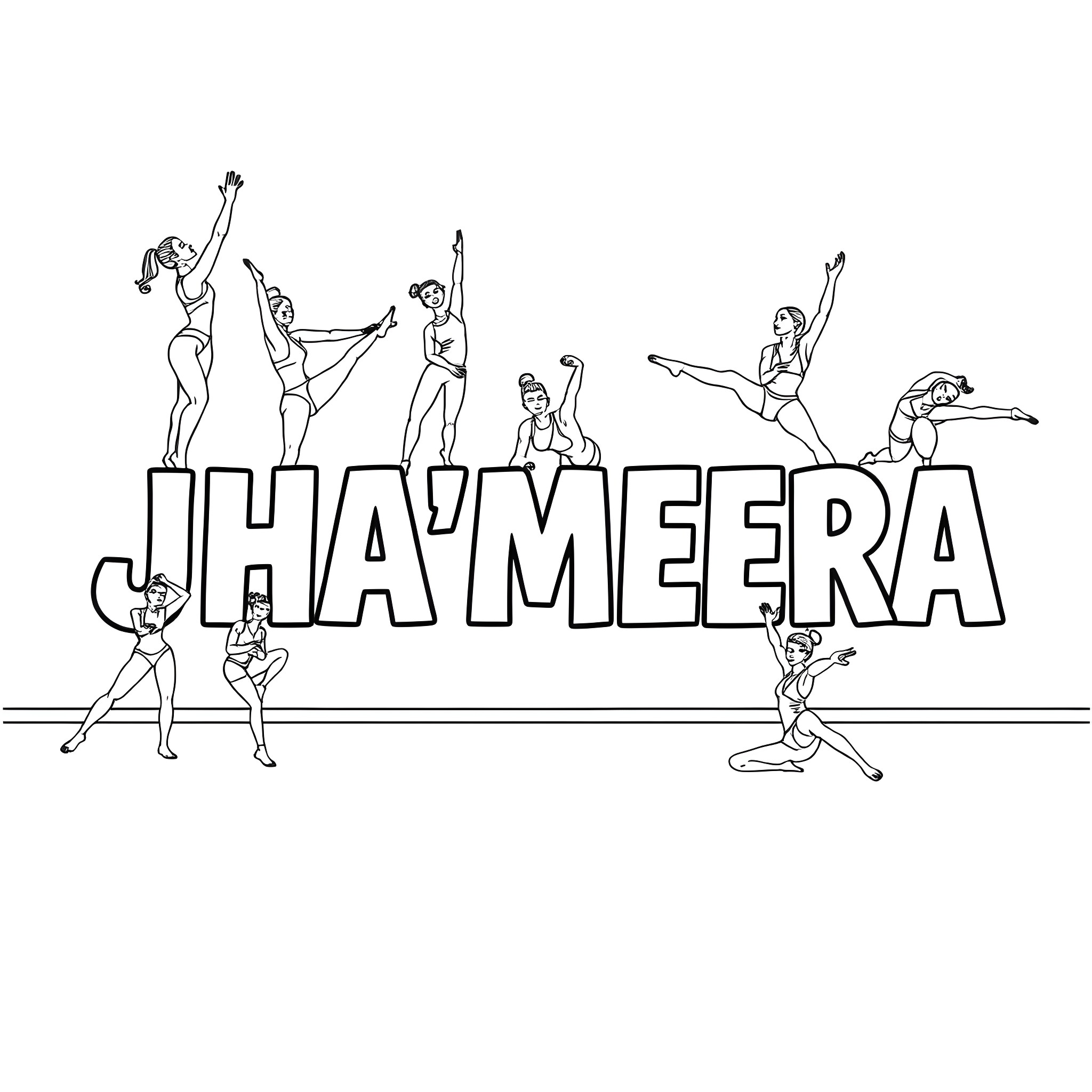 Gymnast performers in dynamic poses with 'Cha'meera' text Coloring Page (free black-and-white line drawing printable PDF for all, from beginners to advanced learners, including children, teens, adults, and seniors)