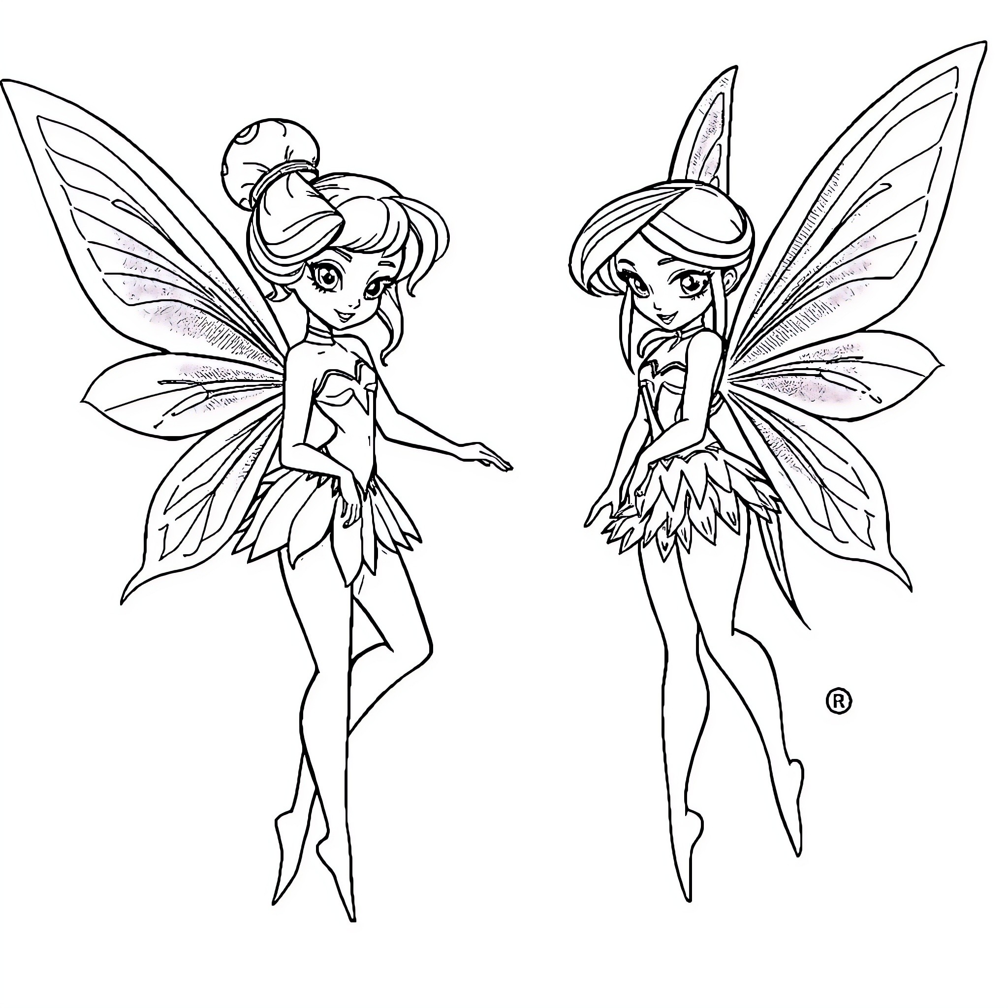Fairy Sisters in Whimsical Outfits Coloring Page (free black-and-white line drawing printable PDF for all, from beginners to advanced learners, including children, teens, adults, and seniors)