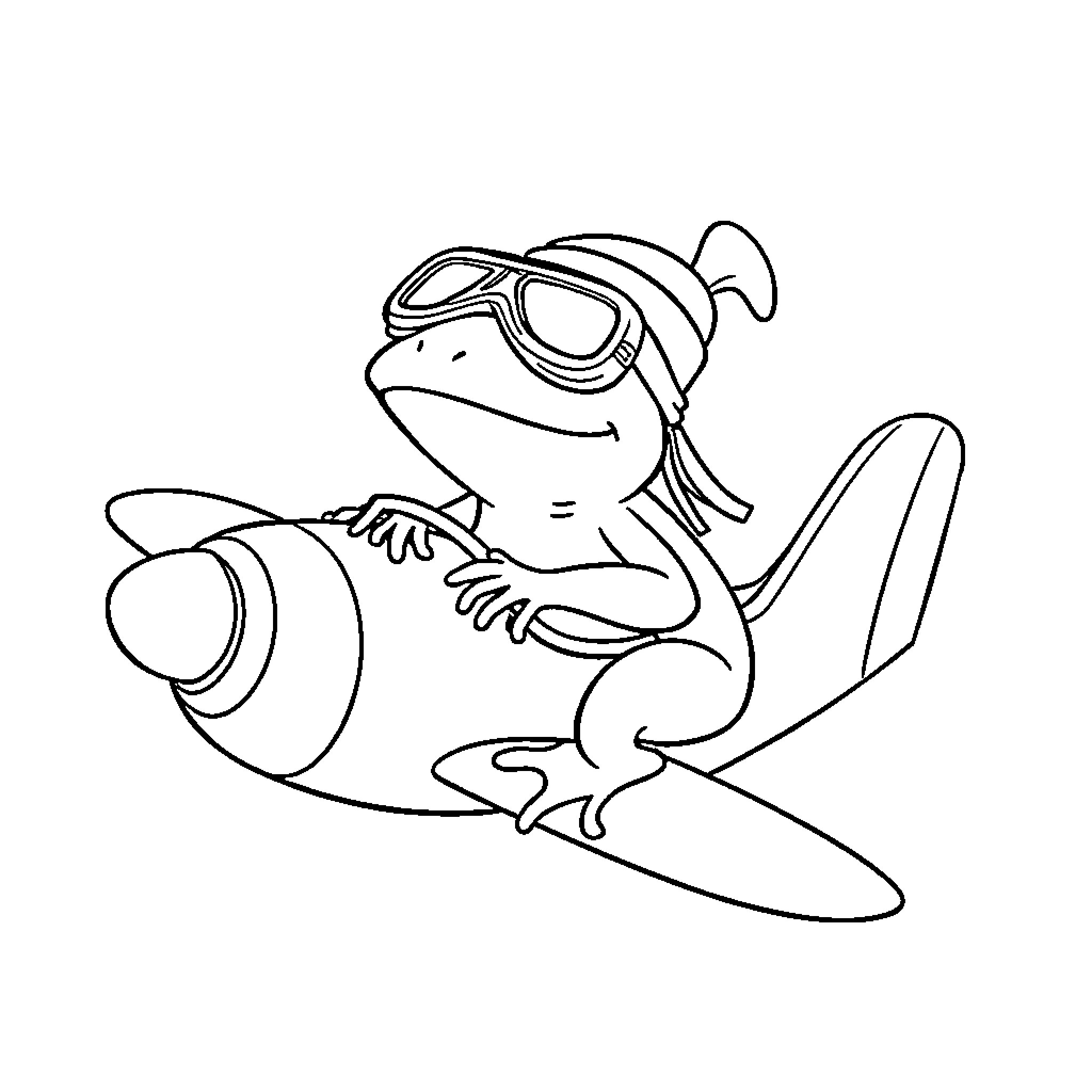 Frog riding a surfboard with goggles Coloring Page (free black-and-white line drawing printable PDF for all, from beginners to advanced learners, including children, teens, adults, and seniors)