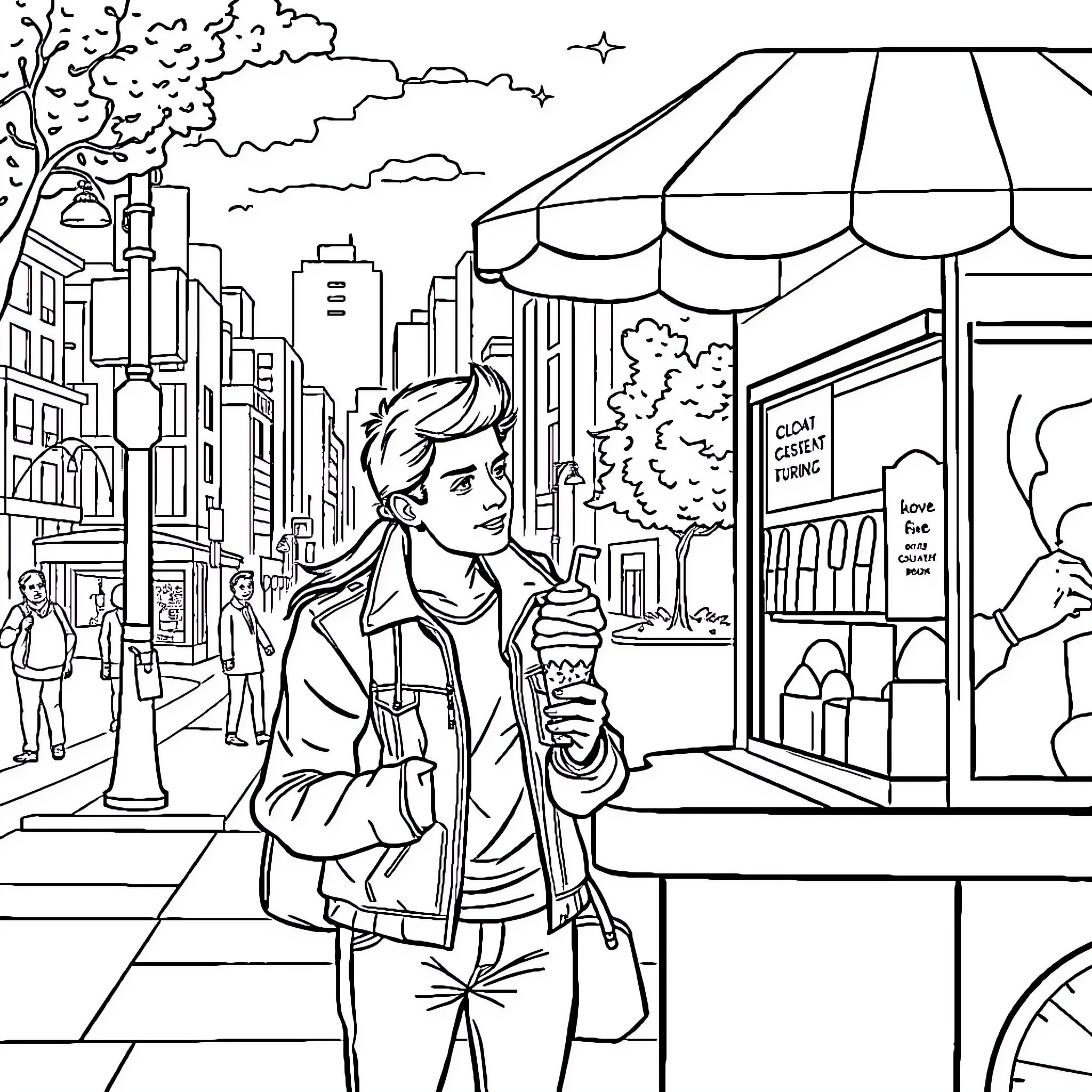Man enjoying coffee and city sights on a busy street Coloring Page (free black-and-white line drawing printable PDF for all, from beginners to advanced learners, including children, teens, adults, and seniors)