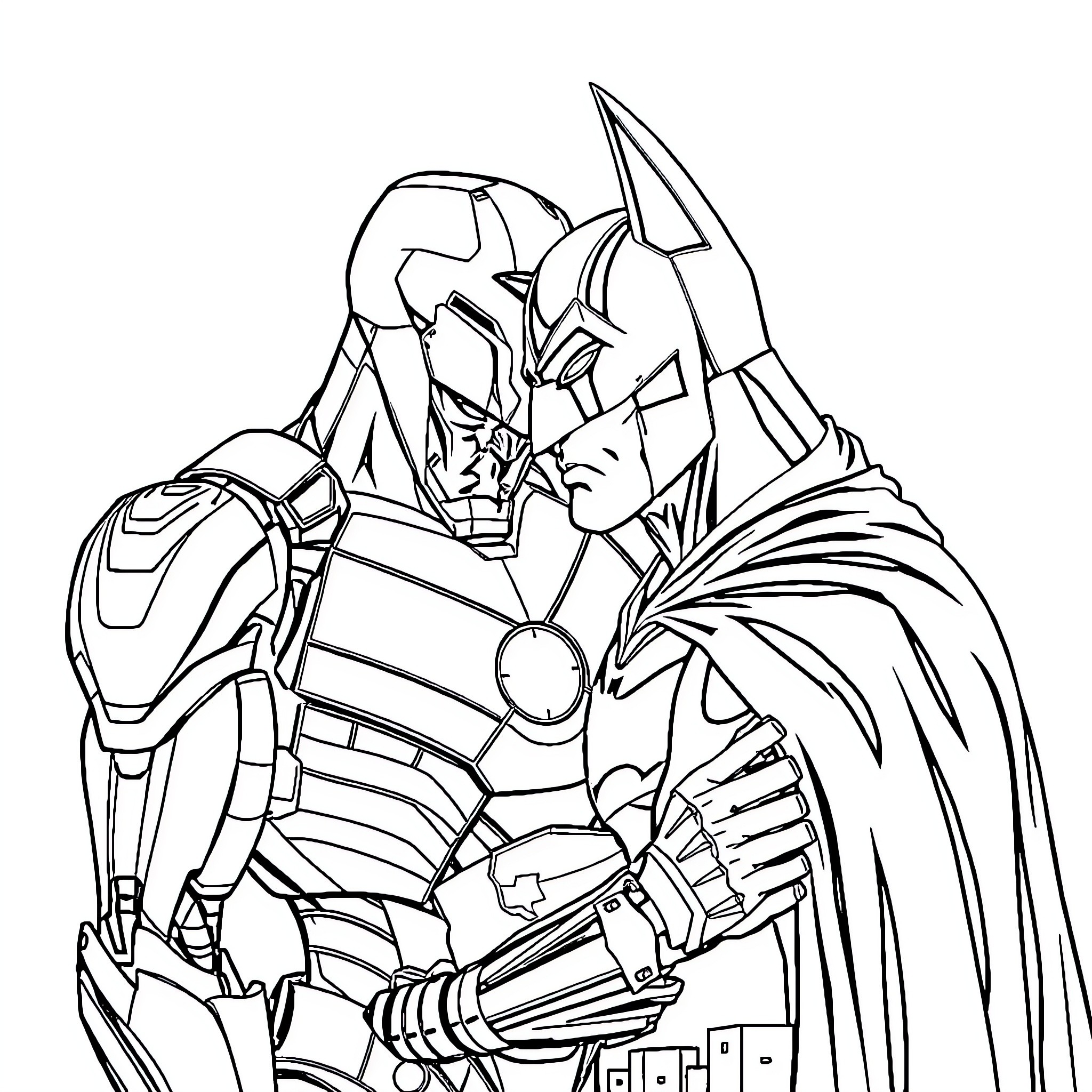 Iron Man and Batman Facing Off in Battle Coloring Page (free black-and-white line drawing printable PDF for all, from beginners to advanced learners, including children, teens, adults, and seniors)