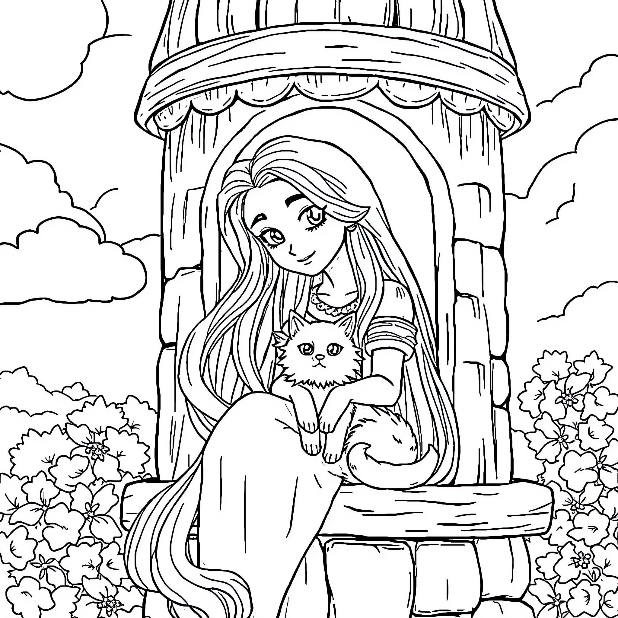 Rapunzel gazes out from her tower with her pet cat Coloring Page (free black-and-white line drawing printable PDF for all, from beginners to advanced learners, including children, teens, adults, and seniors)