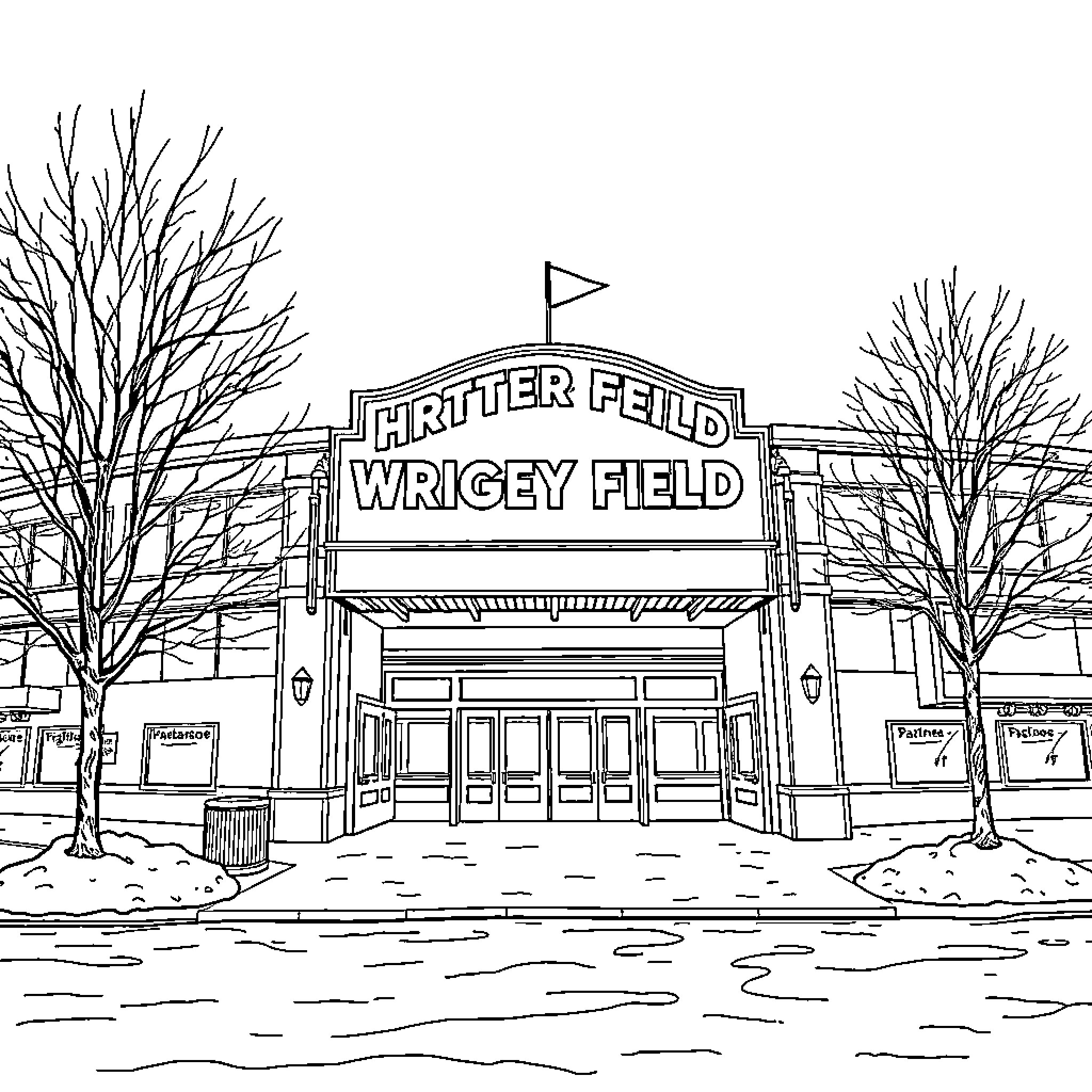 Wrigley Field entrance in winter Coloring Page (free black-and-white line drawing printable PDF for all, from beginners to advanced learners, including children, teens, adults, and seniors)