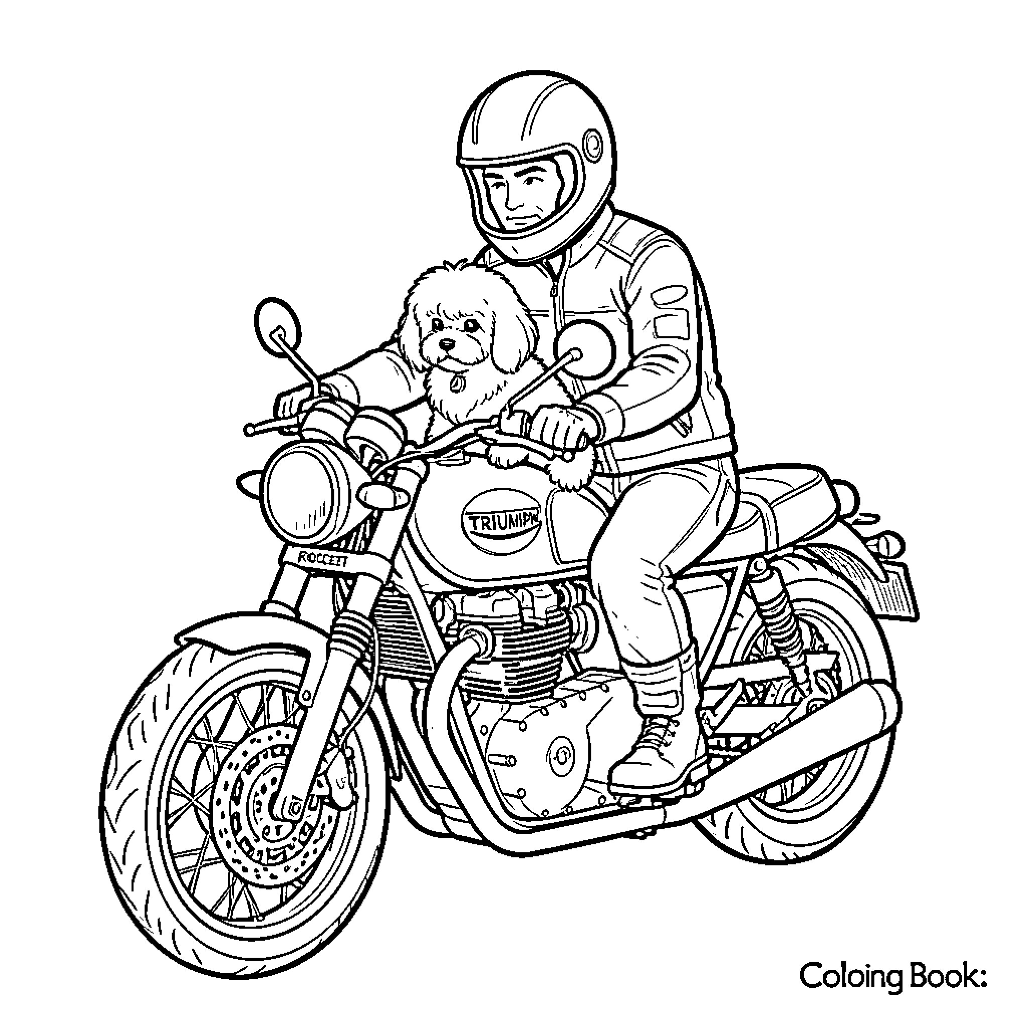 Biker riding a motorcycle with a small dog Coloring Page (free black-and-white line drawing printable PDF for all, from beginners to advanced learners, including children, teens, adults, and seniors)