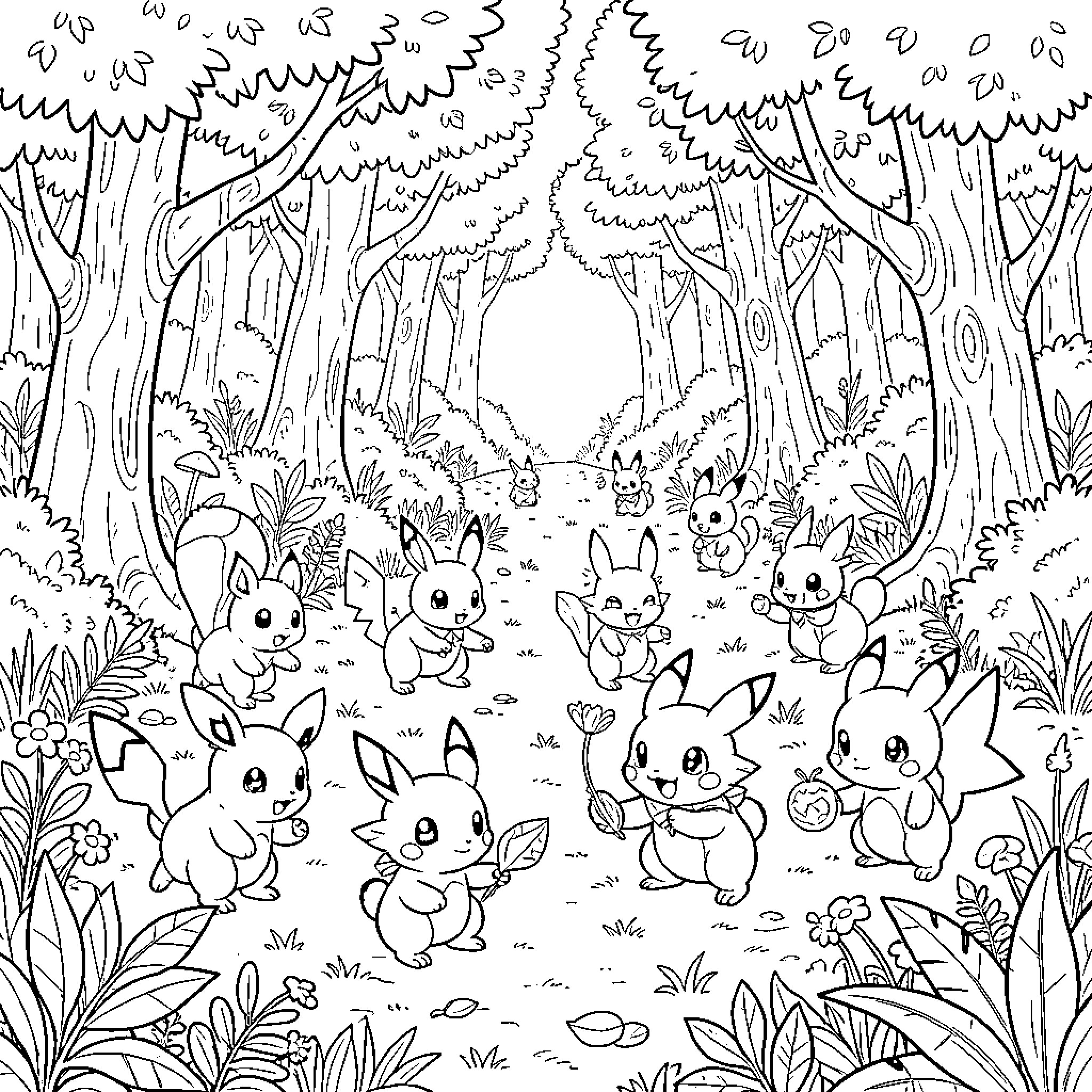 Pokémon playing together in a lush forest Coloring Page (free black-and-white line drawing printable PDF for all, from beginners to advanced learners, including children, teens, adults, and seniors)