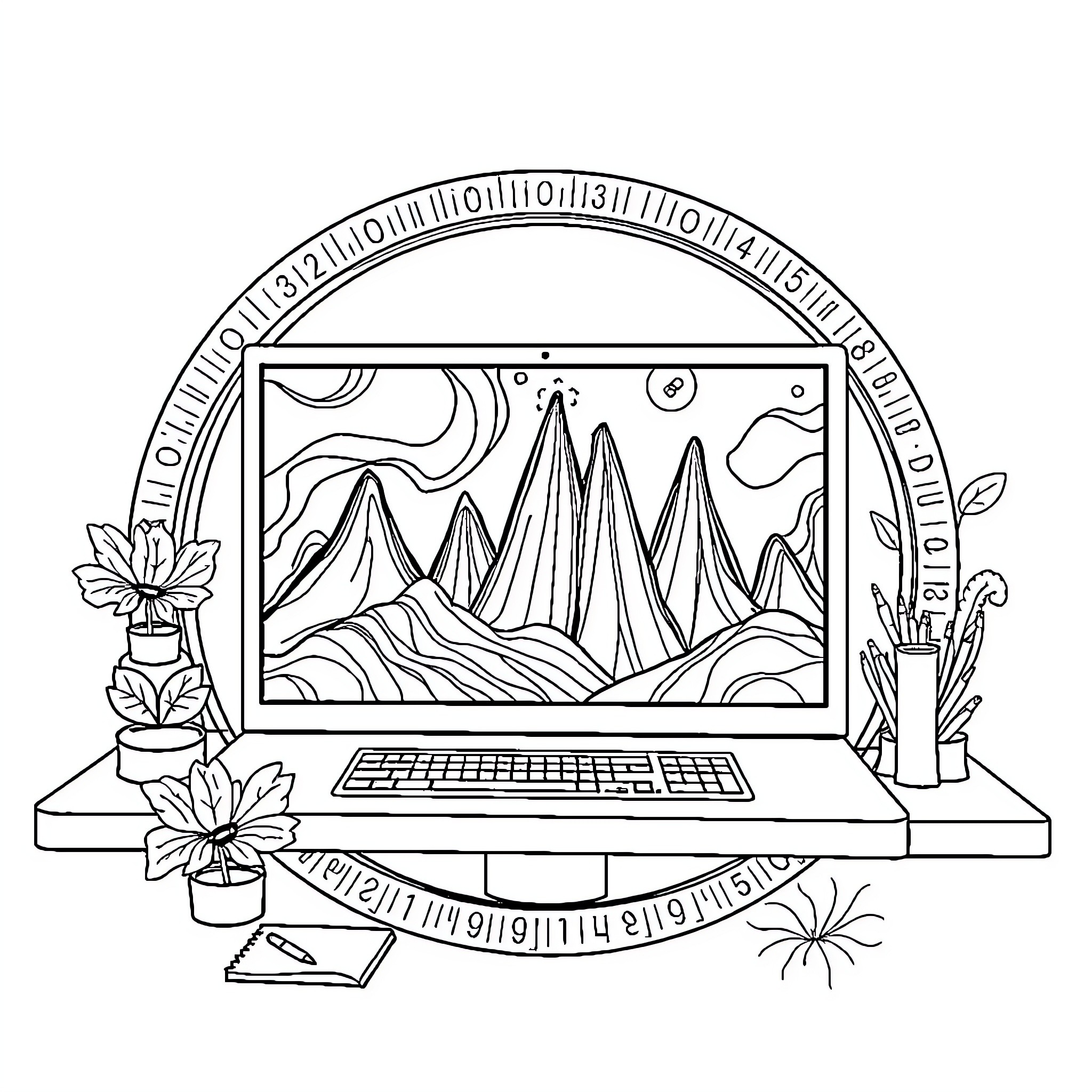 Formation of a Digital Landscape Scene Coloring Page (free black-and-white line drawing printable PDF for all, from beginners to advanced learners, including children, teens, adults, and seniors)