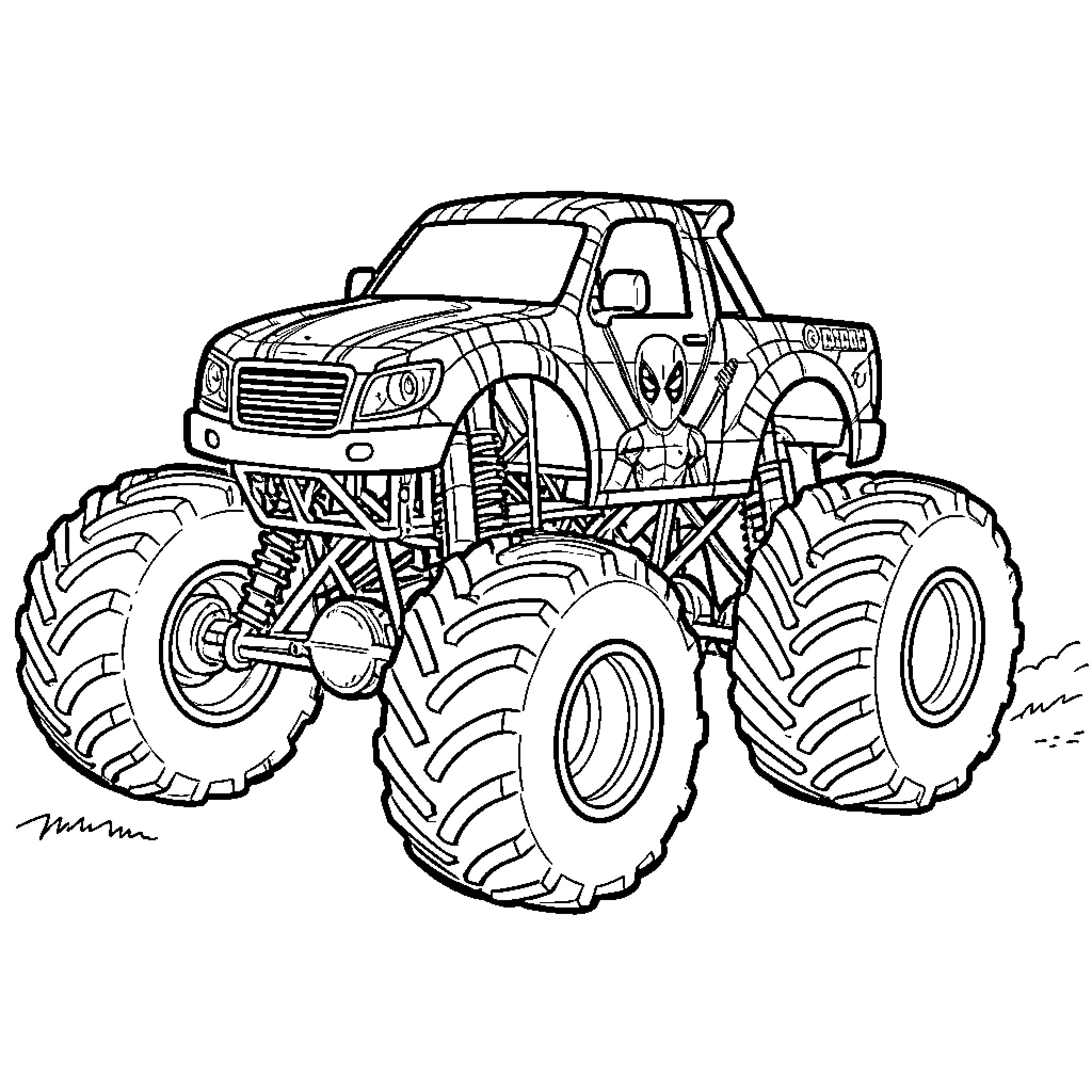 Monster Truck featuring a superhero character design Coloring Page (free black-and-white line drawing printable PDF for all, from beginners to advanced learners, including children, teens, adults, and seniors)