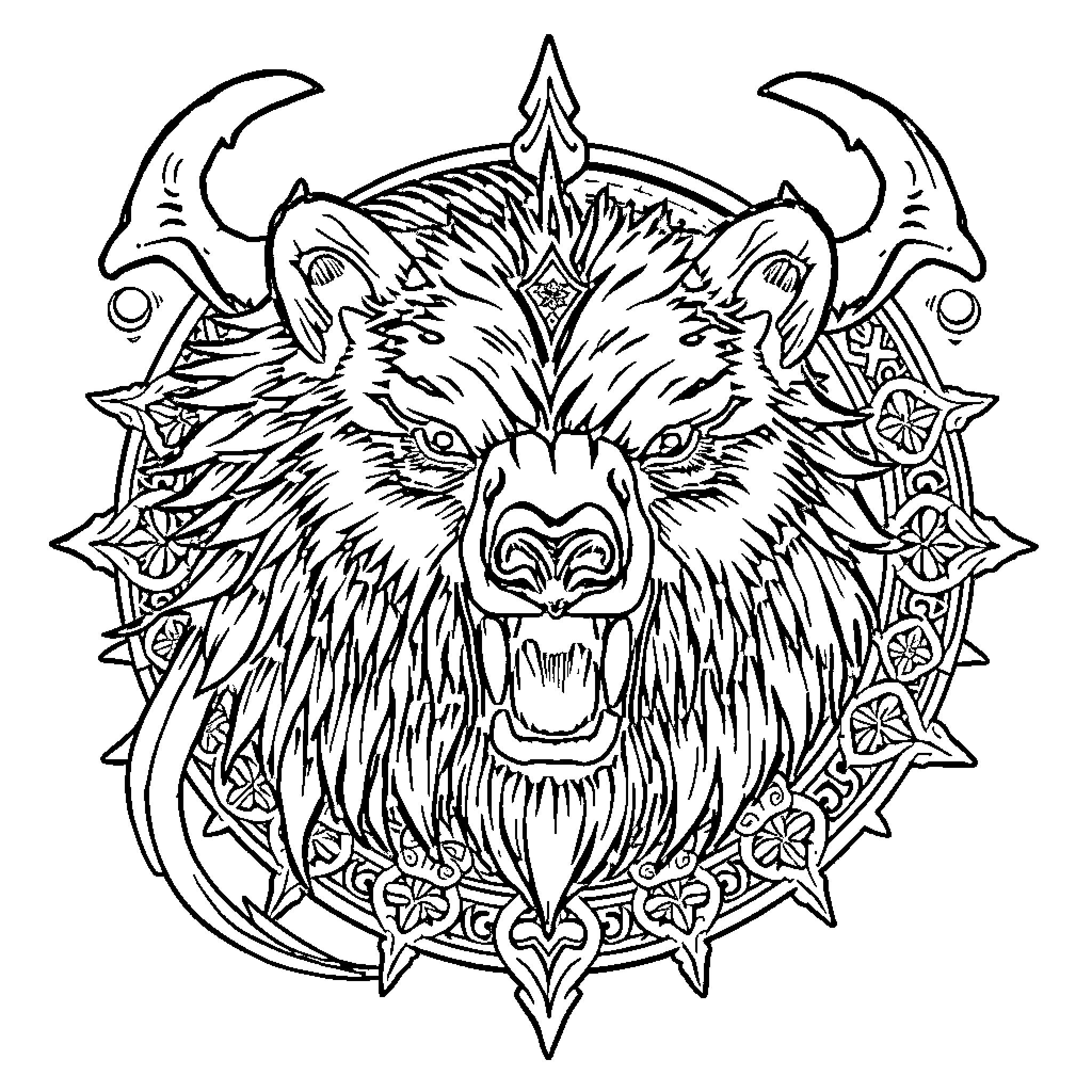 Bear with intricate tribal ornamental design Coloring Page (free black-and-white line drawing printable PDF for all, from beginners to advanced learners, including children, teens, adults, and seniors)