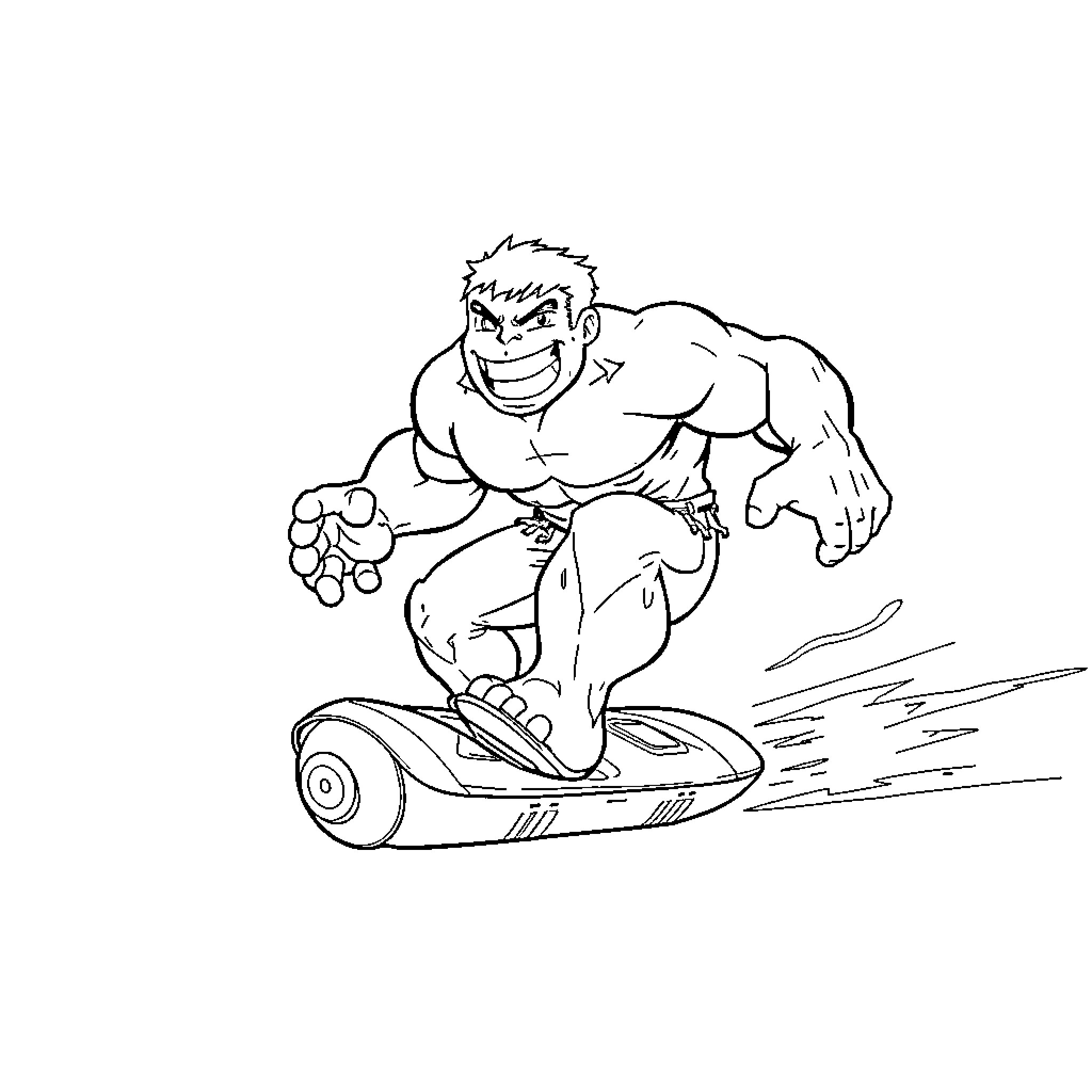 Hulk riding a hoverboard with exhilaration Coloring Page (free black-and-white line drawing printable PDF for all, from beginners to advanced learners, including children, teens, adults, and seniors)