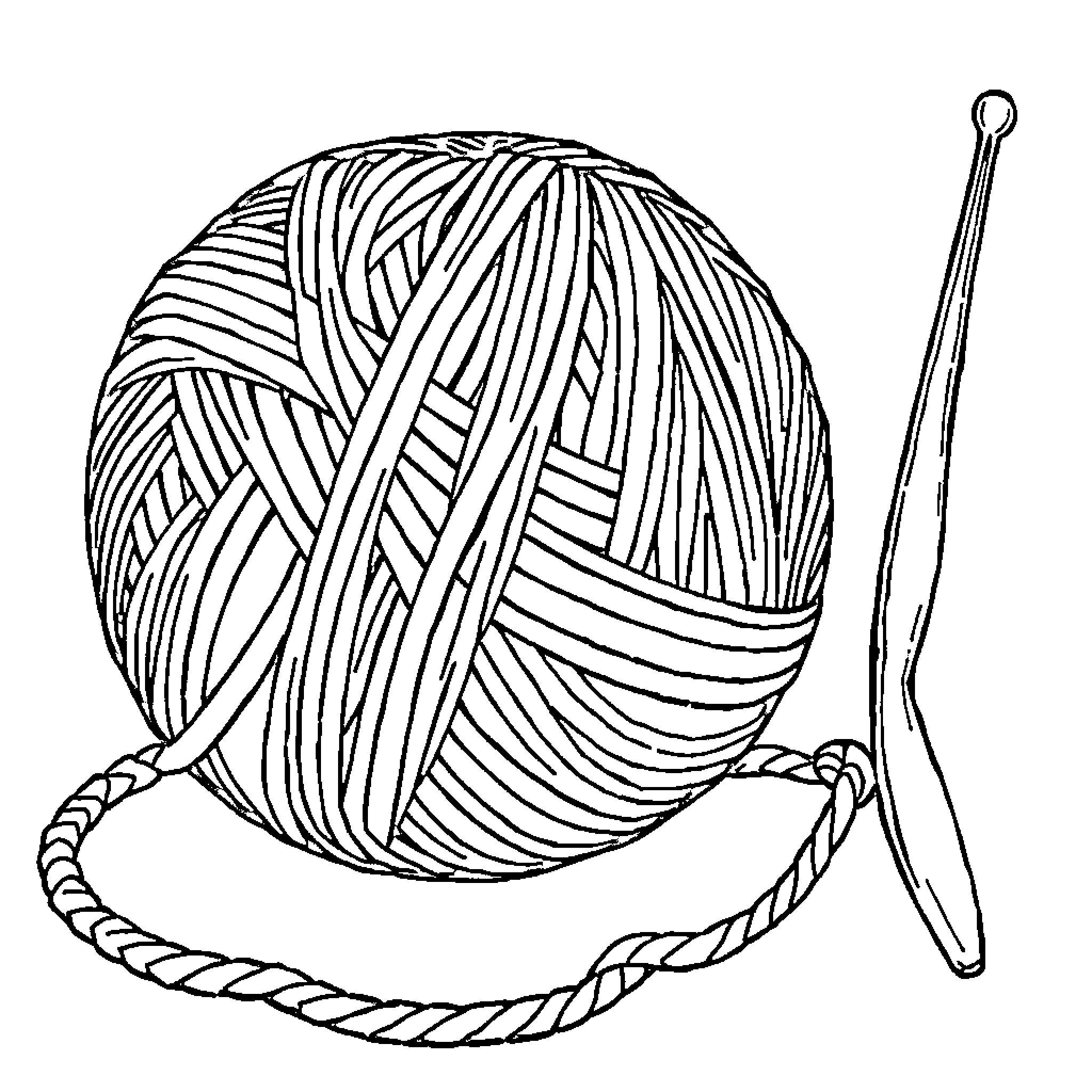 Yarn ball and crochet hook arrangement Coloring Page (free black-and-white line drawing printable PDF for all, from beginners to advanced learners, including children, teens, adults, and seniors)