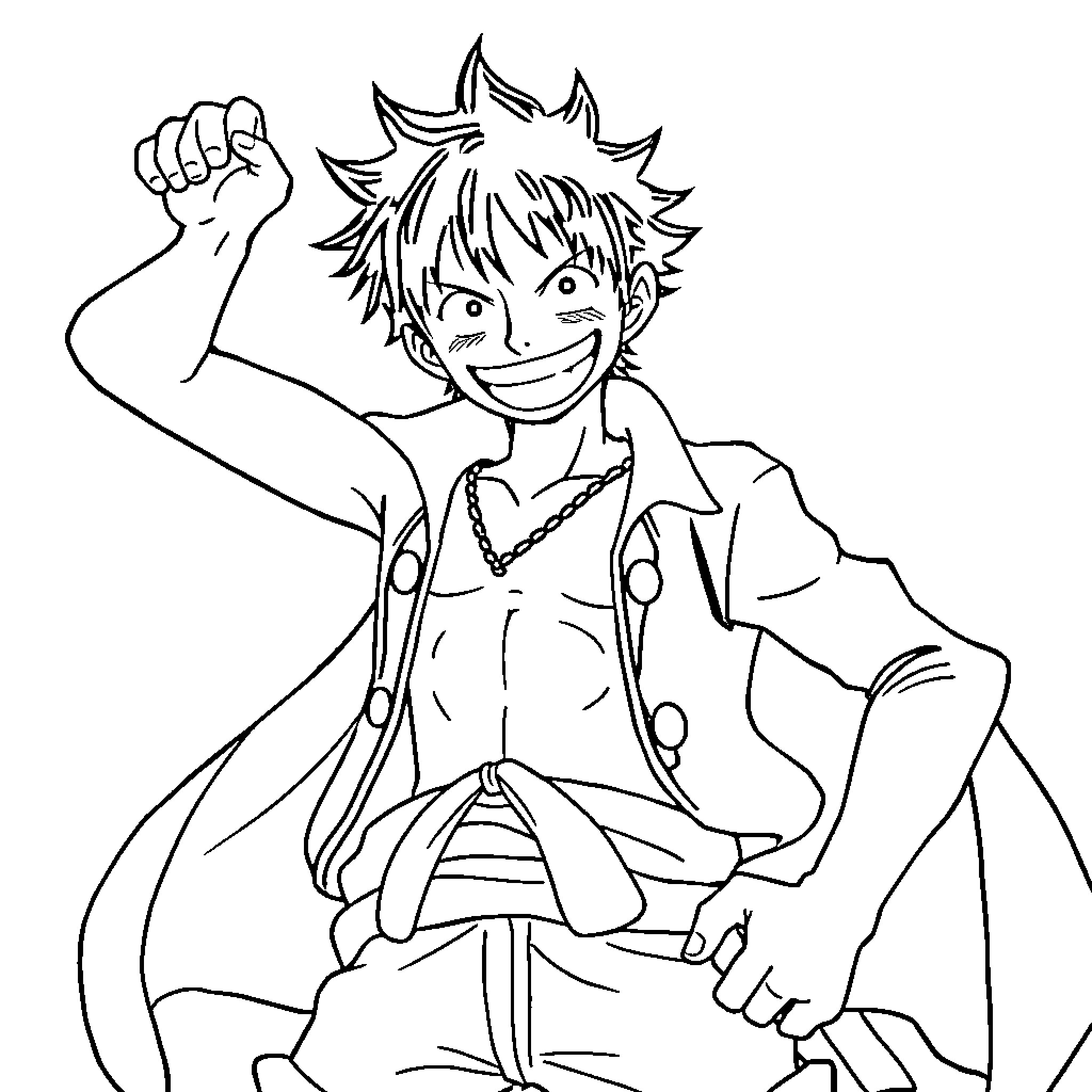 Luffy Joyfully Embracing His Adventurous Spirit Coloring Page (free black-and-white line drawing printable PDF for all, from beginners to advanced learners, including children, teens, adults, and seniors)