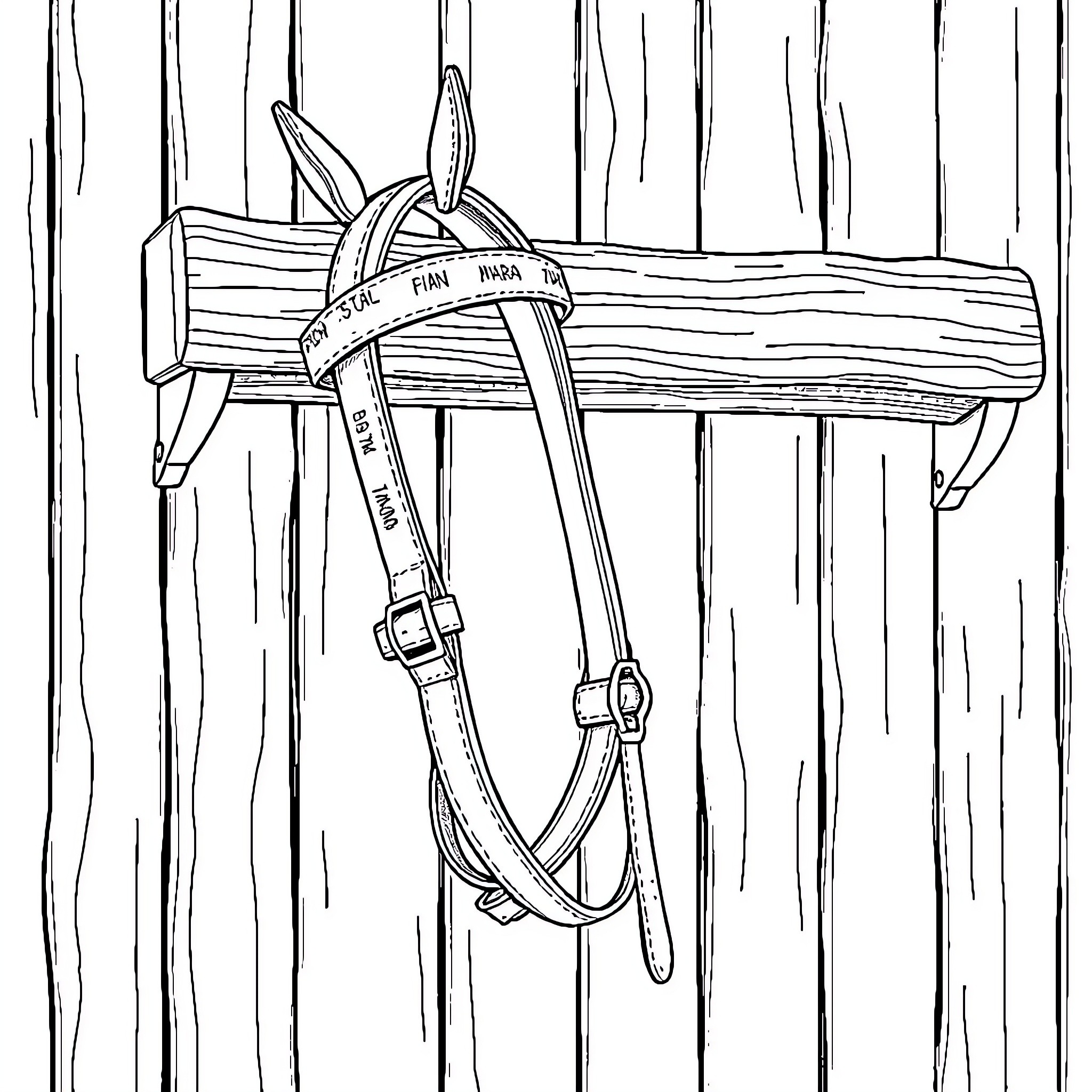 Bridle Hanging on Rustic Wooden Fence Coloring Page (free black-and-white line drawing printable PDF for all, from beginners to advanced learners, including children, teens, adults, and seniors)