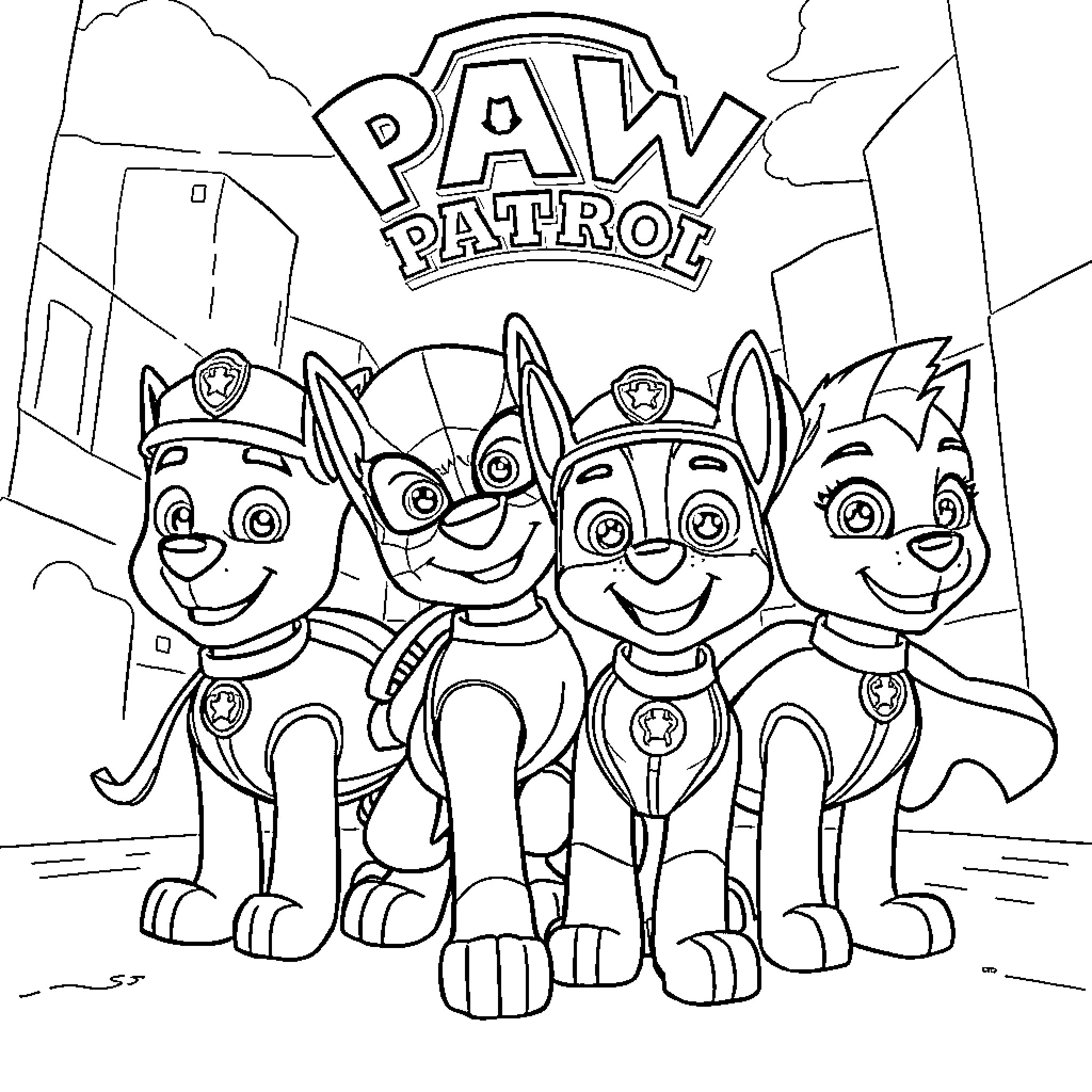 Paw Patrol pups on patrol Coloring Page (free black-and-white line drawing printable PDF for all, from beginners to advanced learners, including children, teens, adults, and seniors)