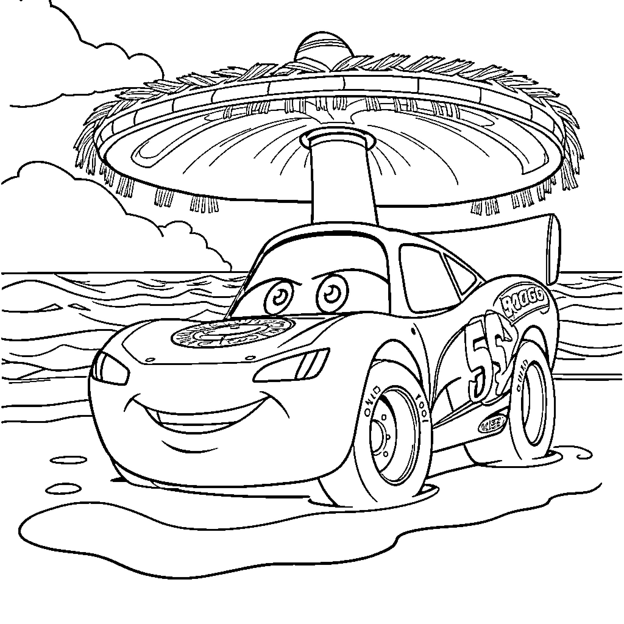 Rayo McQueen in a racing adventure scene Coloring Page (free black-and-white line drawing printable PDF for all, from beginners to advanced learners, including children, teens, adults, and seniors)