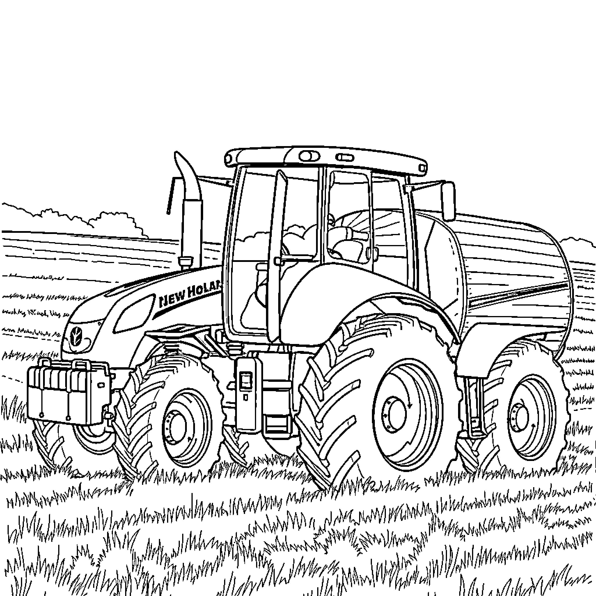 Tractor plowing through a grassy field Coloring Page (free black-and-white line drawing printable PDF for all, from beginners to advanced learners, including children, teens, adults, and seniors)